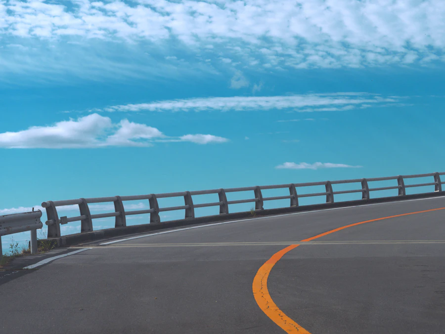 Curved road with a steel guardrail