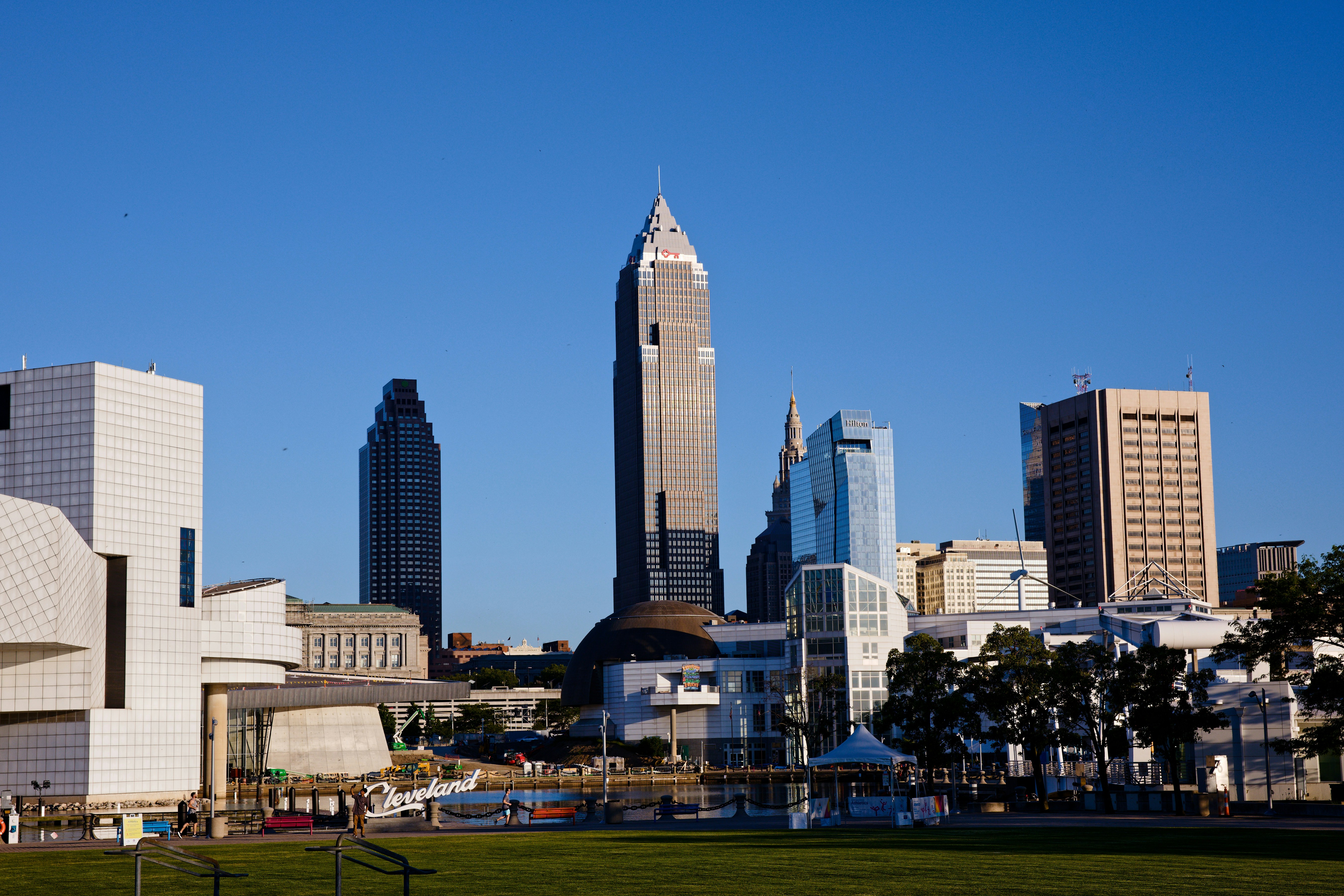 Cleveland skyline with modern buildings and clear blue sky