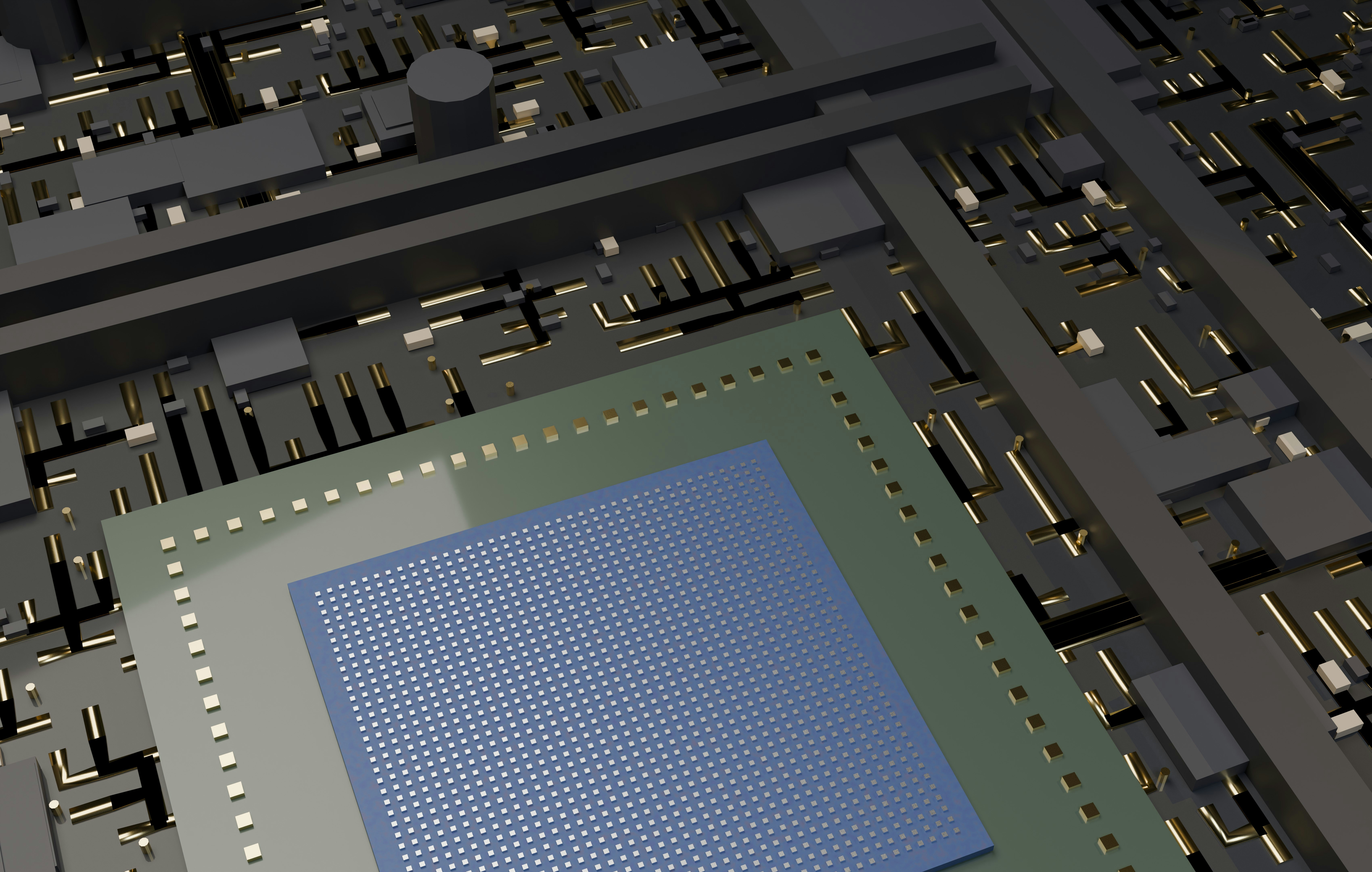 semiconductor chip close-up - Microchip with grid pattern on a dark circuit board.