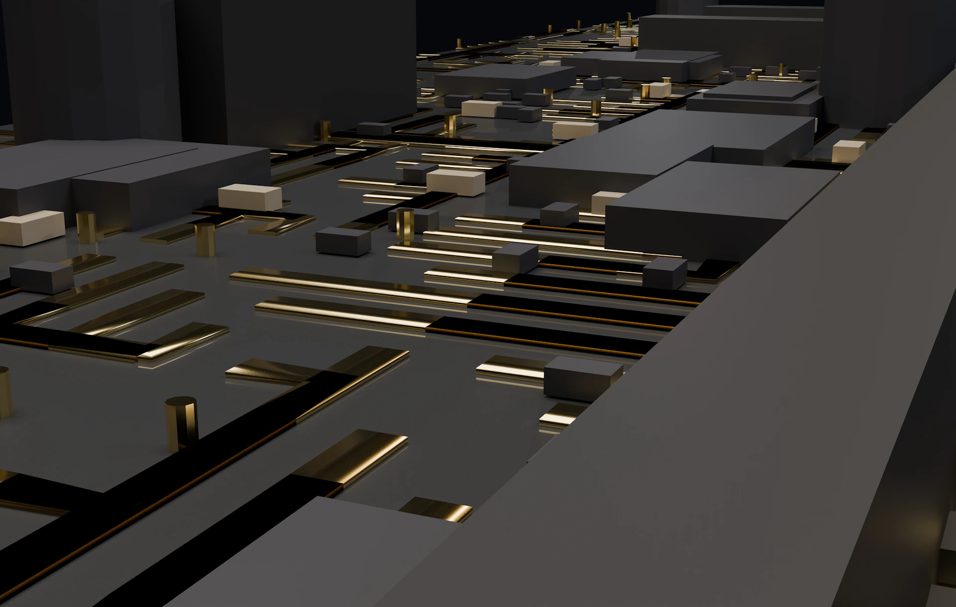 Dark abstract landscape with golden and gray geometric shapes