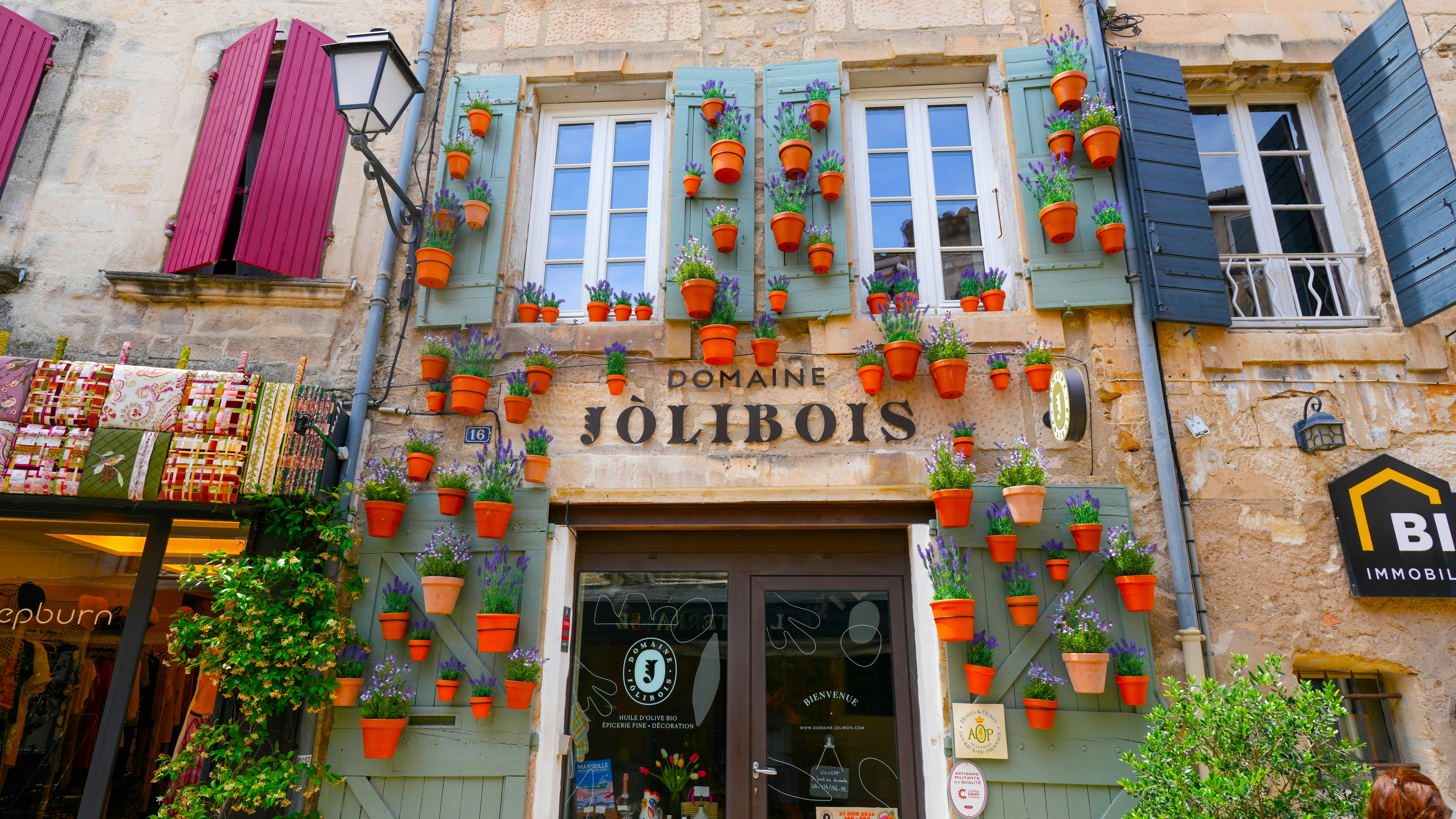 Storefront "domains jolibois" decorated with many terracotta flower pots.