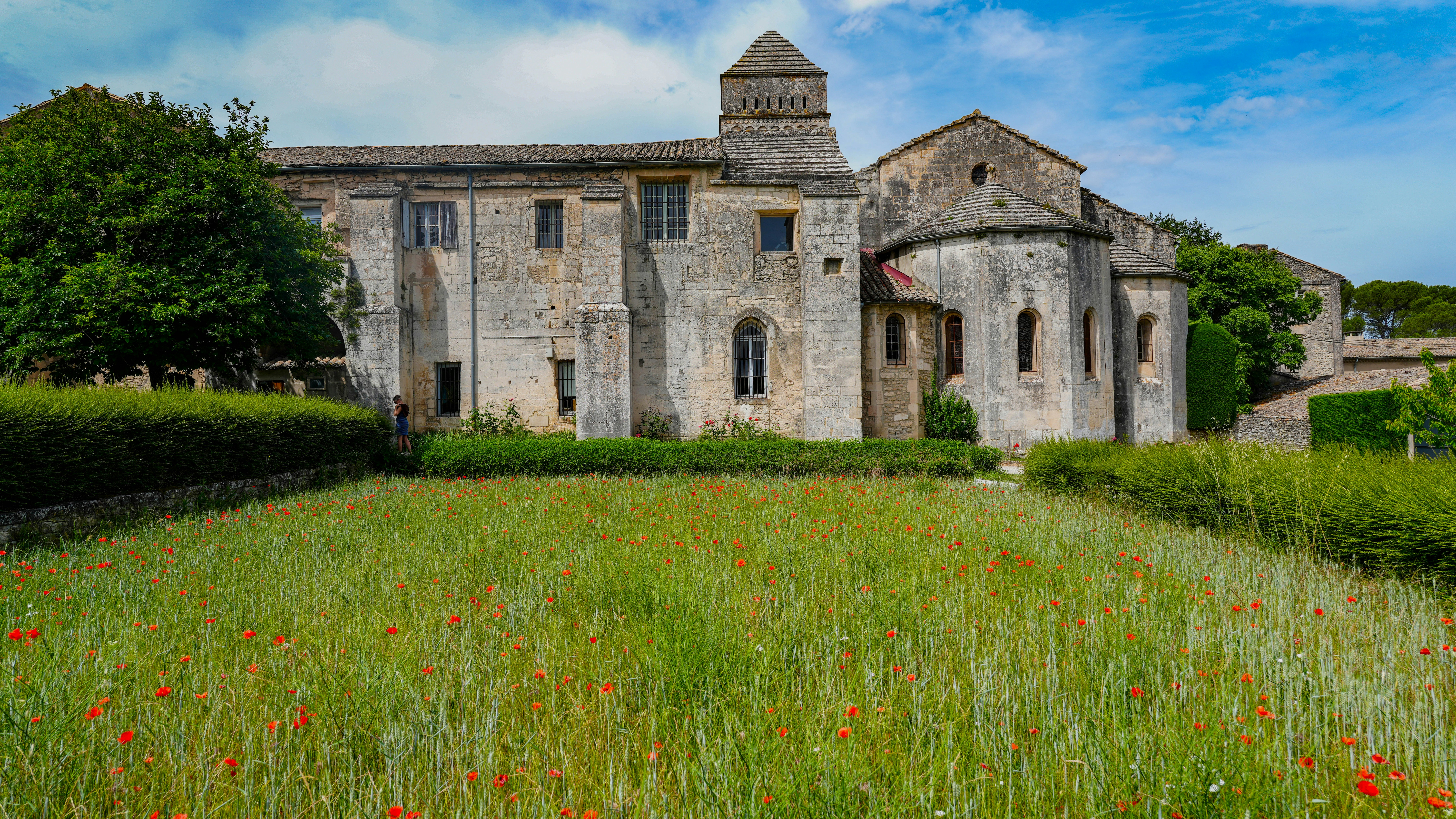 Ancient stone monastery with green field and red poppies.