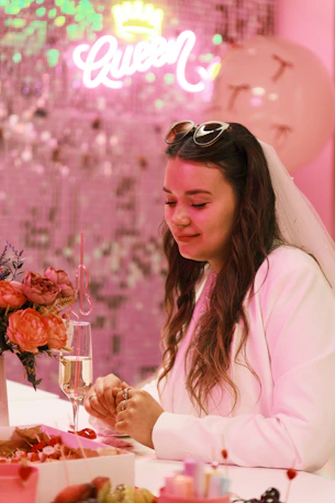 Woman wearing a veil at a festive pink celebration.