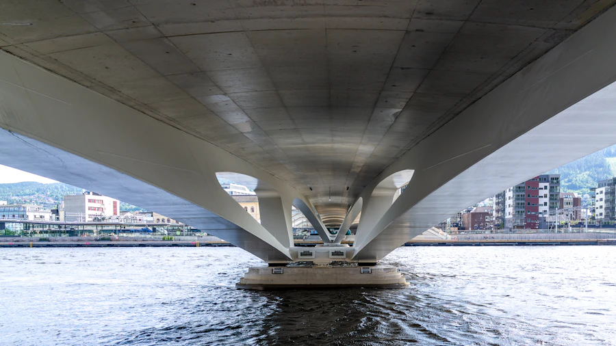 Underside of a bridge deck over water