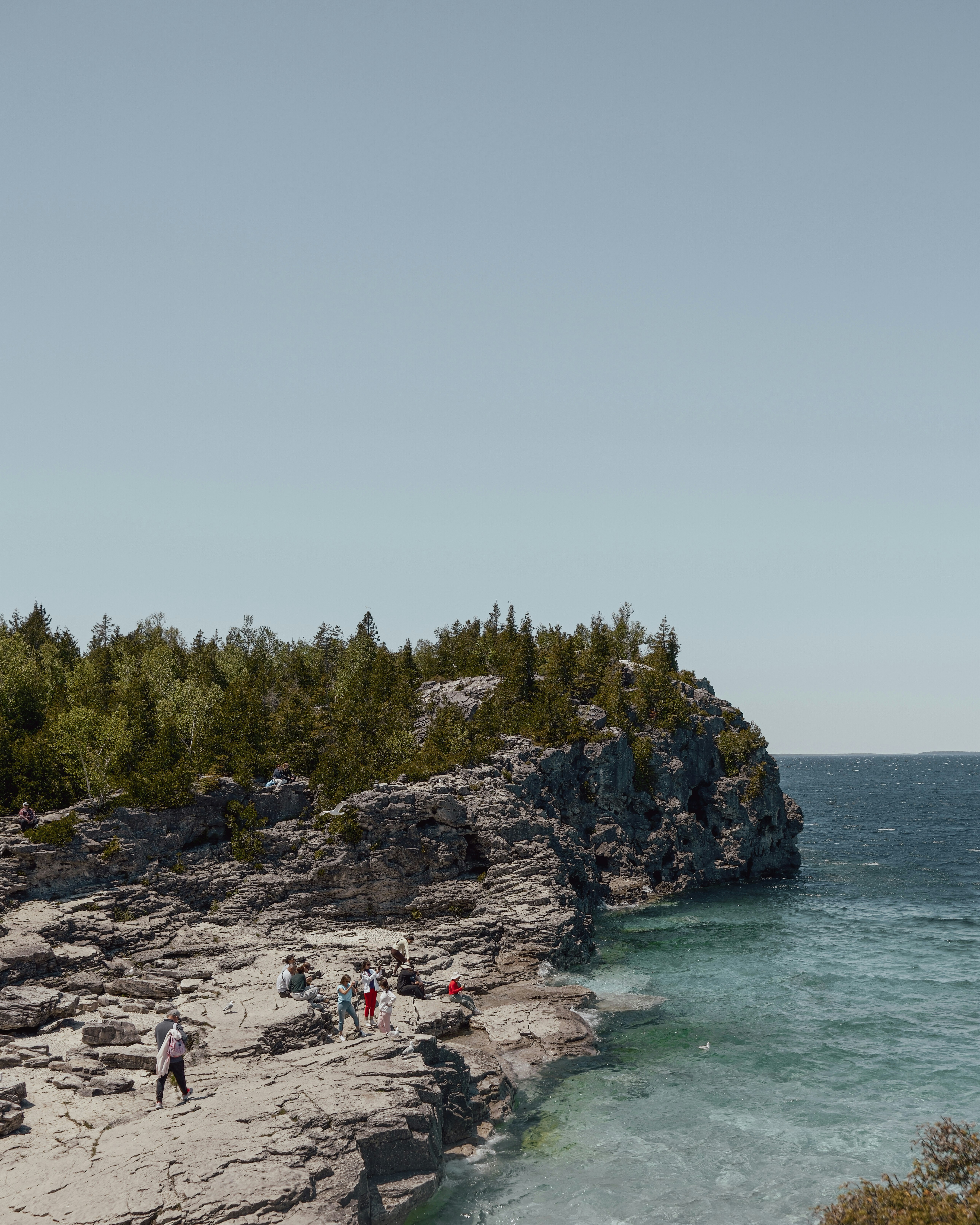 Rocky cliff with people, clear blue water, and green trees.