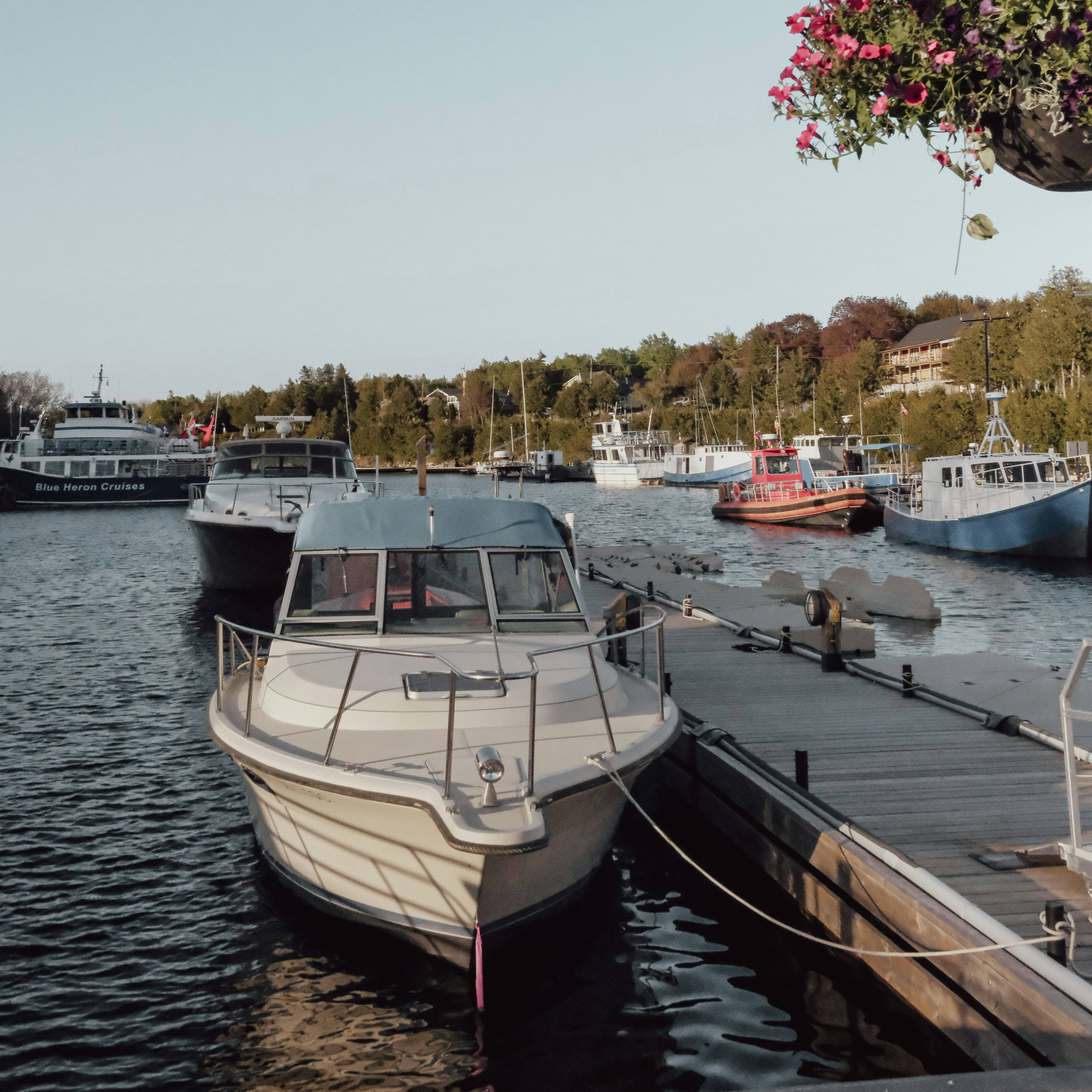 White motorboat docked at a pier in a bustling harbor.