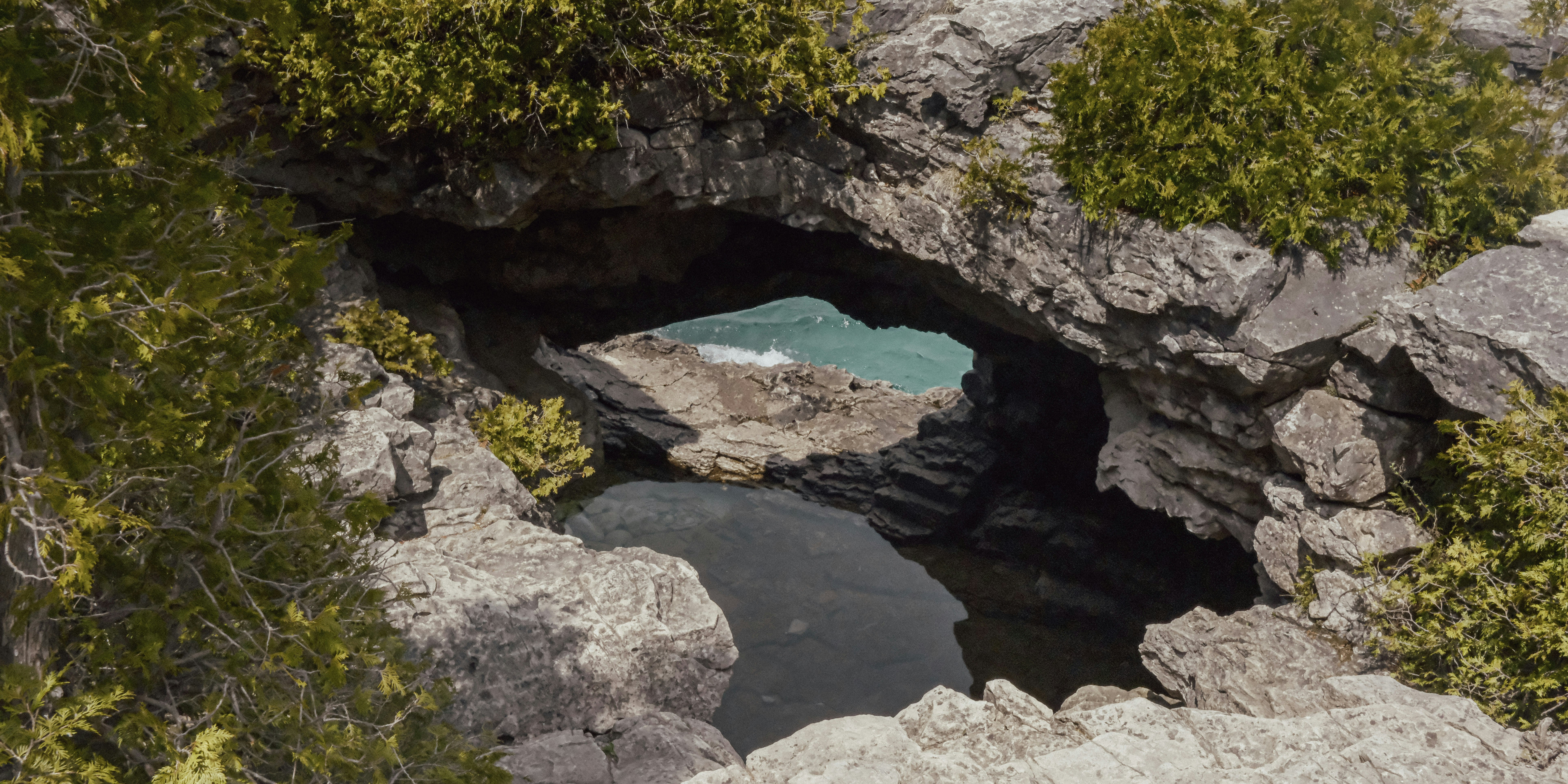 Ocean view through a natural rock archway with green foliage.