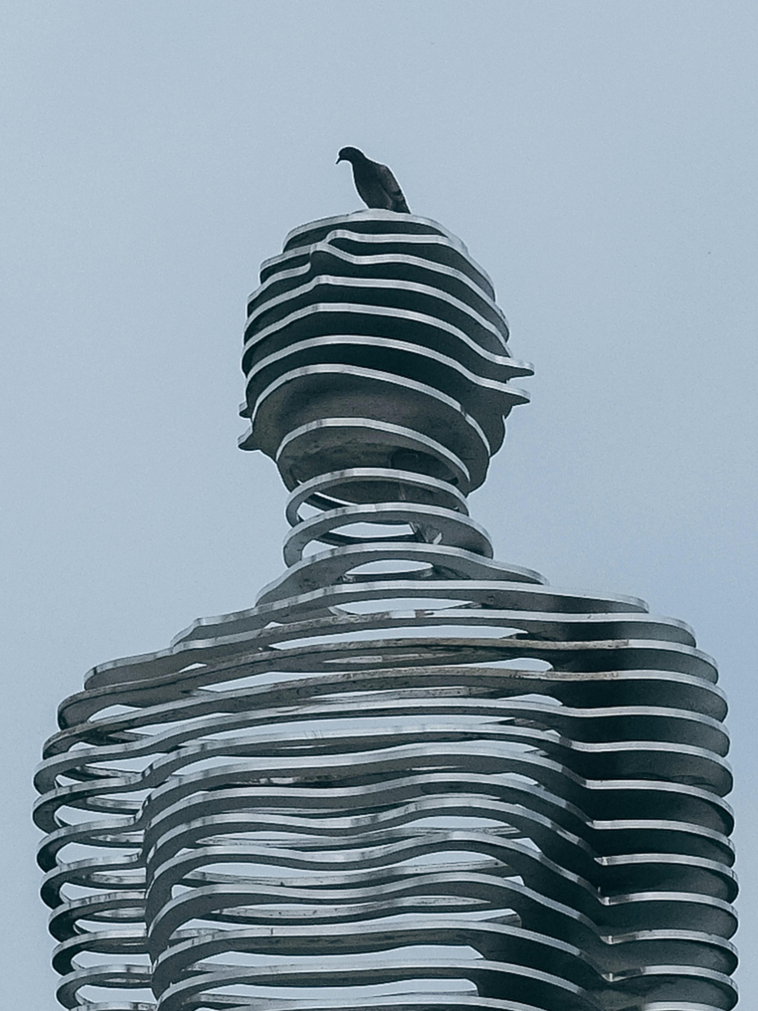 A bird sits atop a metallic layered human sculpture.