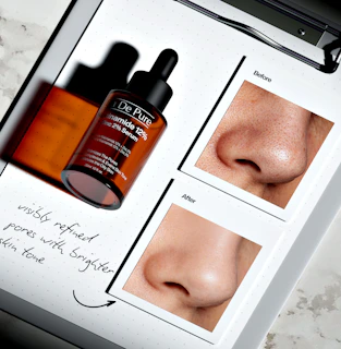 Skincare serum bottle with before and after pore refinement images