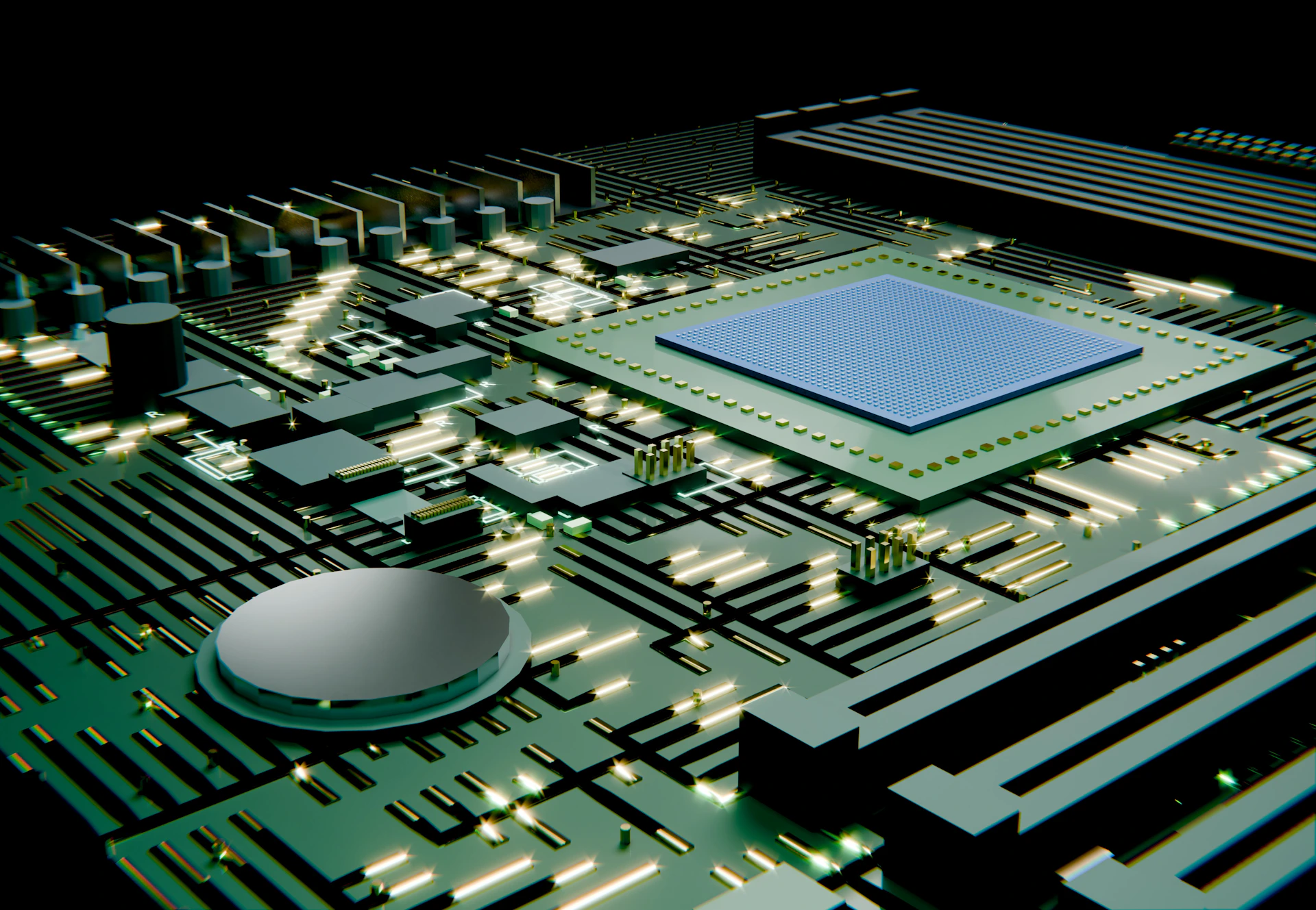 Modern green circuit board with glowing components