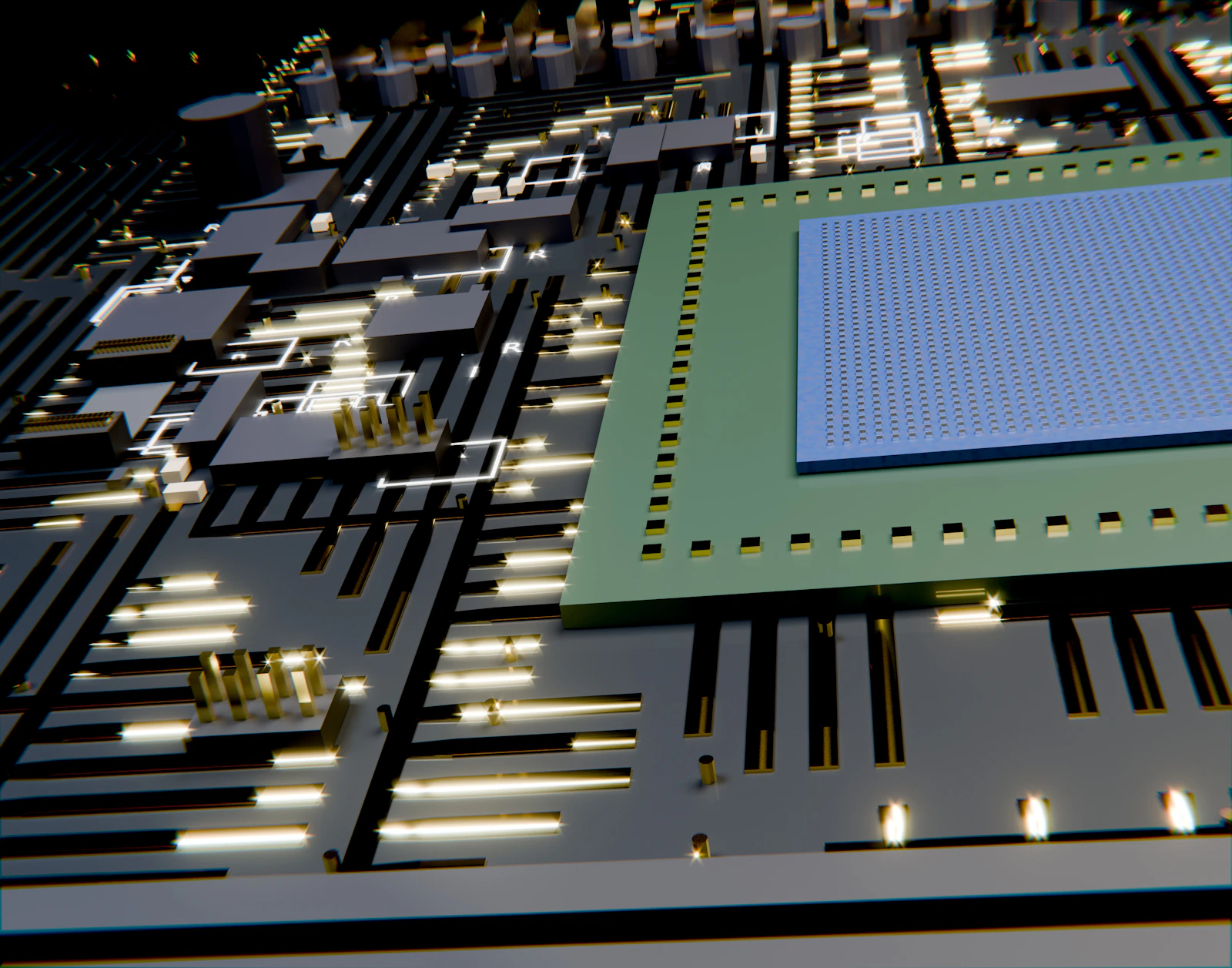 A circuit board with a central chip and golden contacts