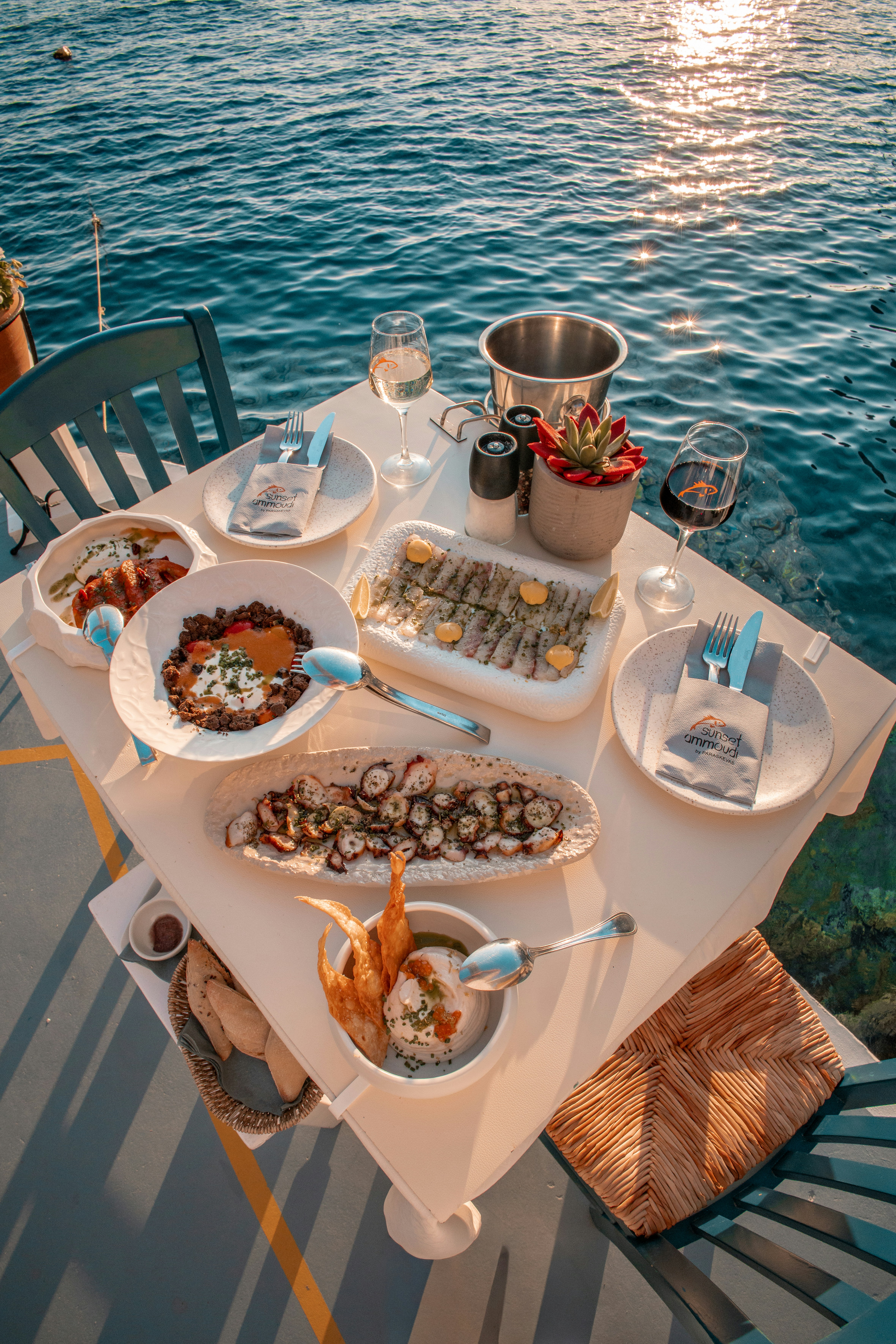 Seafood dinner by the sparkling sea in fira