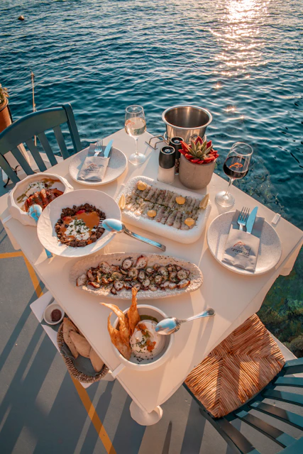 Seafood dinner by the sparkling sea in fira