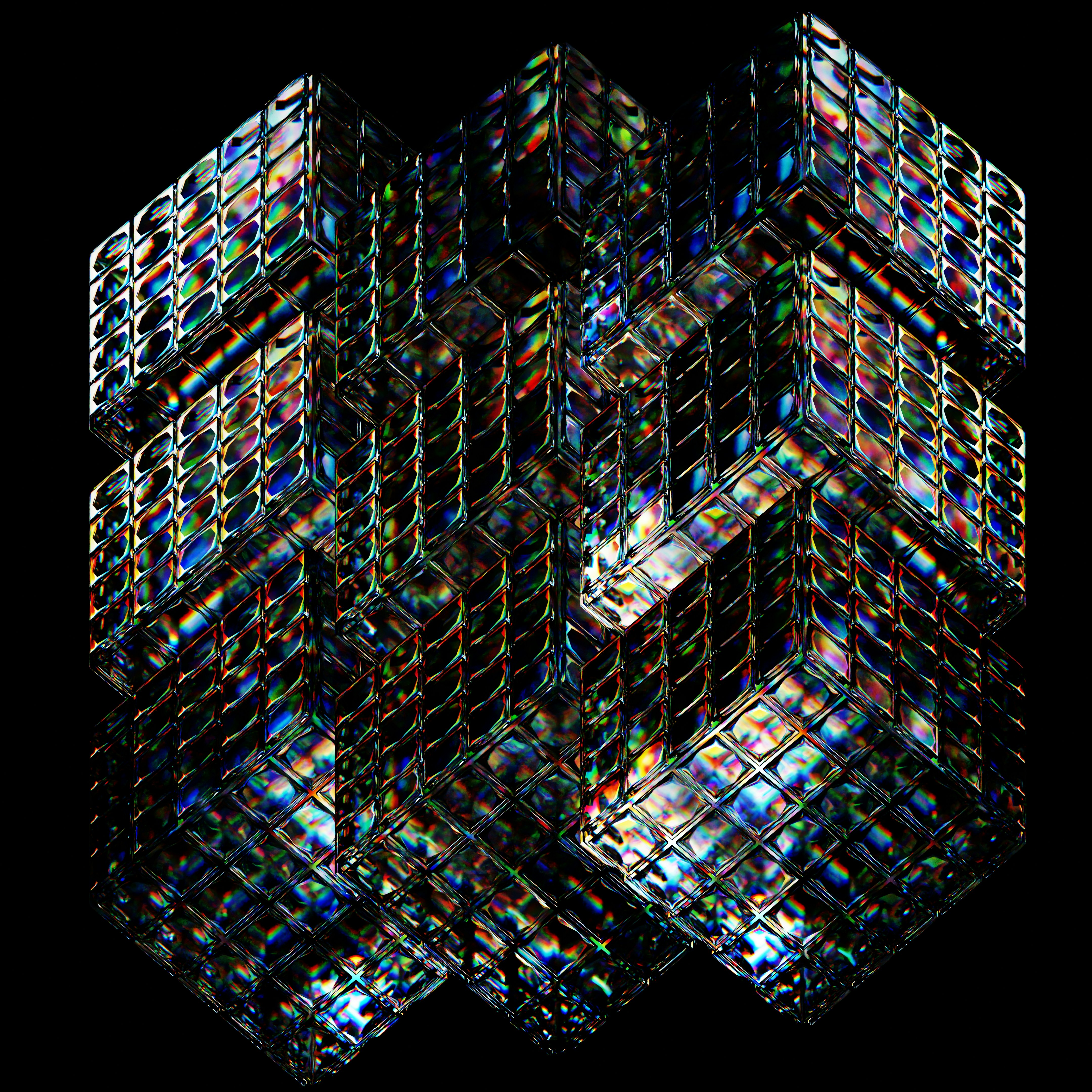 Intricate, reflective geometric cube with colorful light refractions