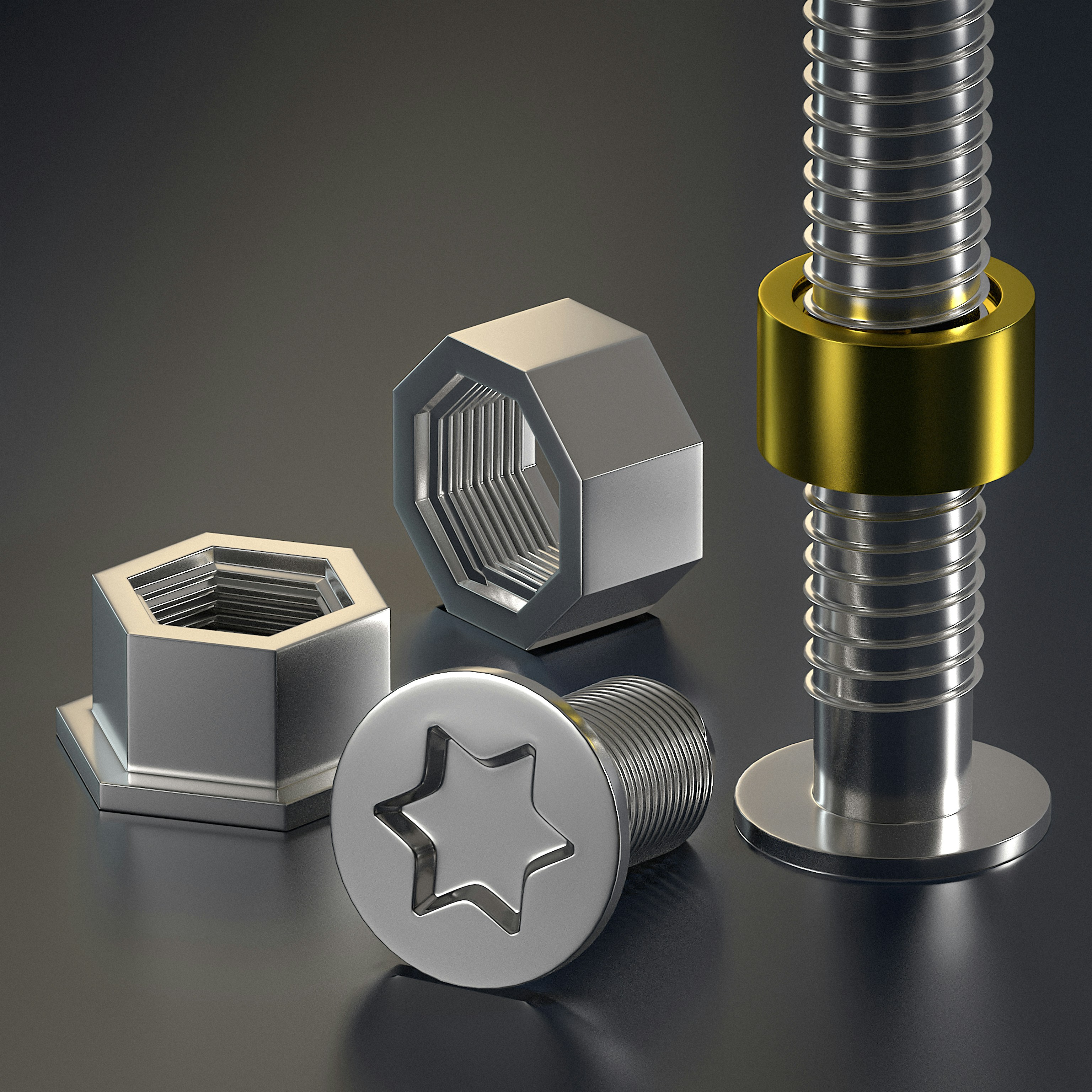 Assortment of metal nuts, a screw, and a threaded rod.