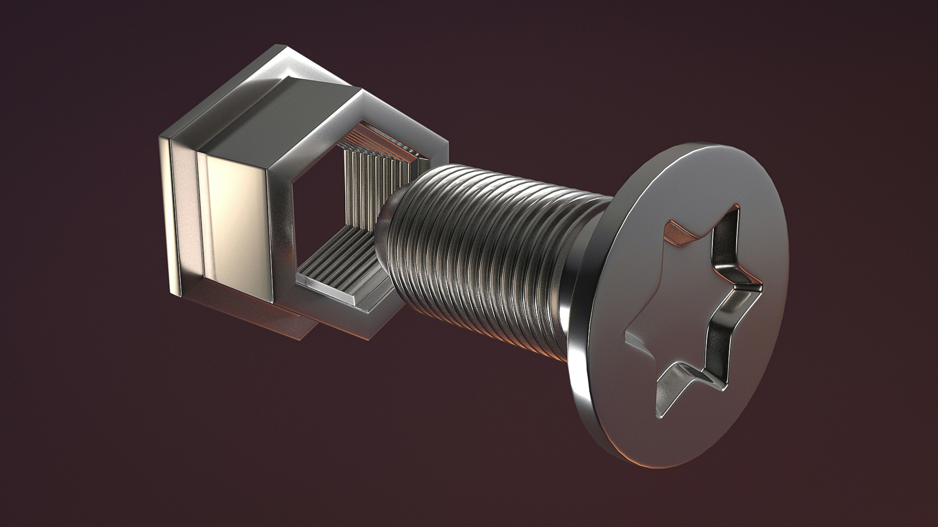 Metallic screw partially inserted into a square nut.