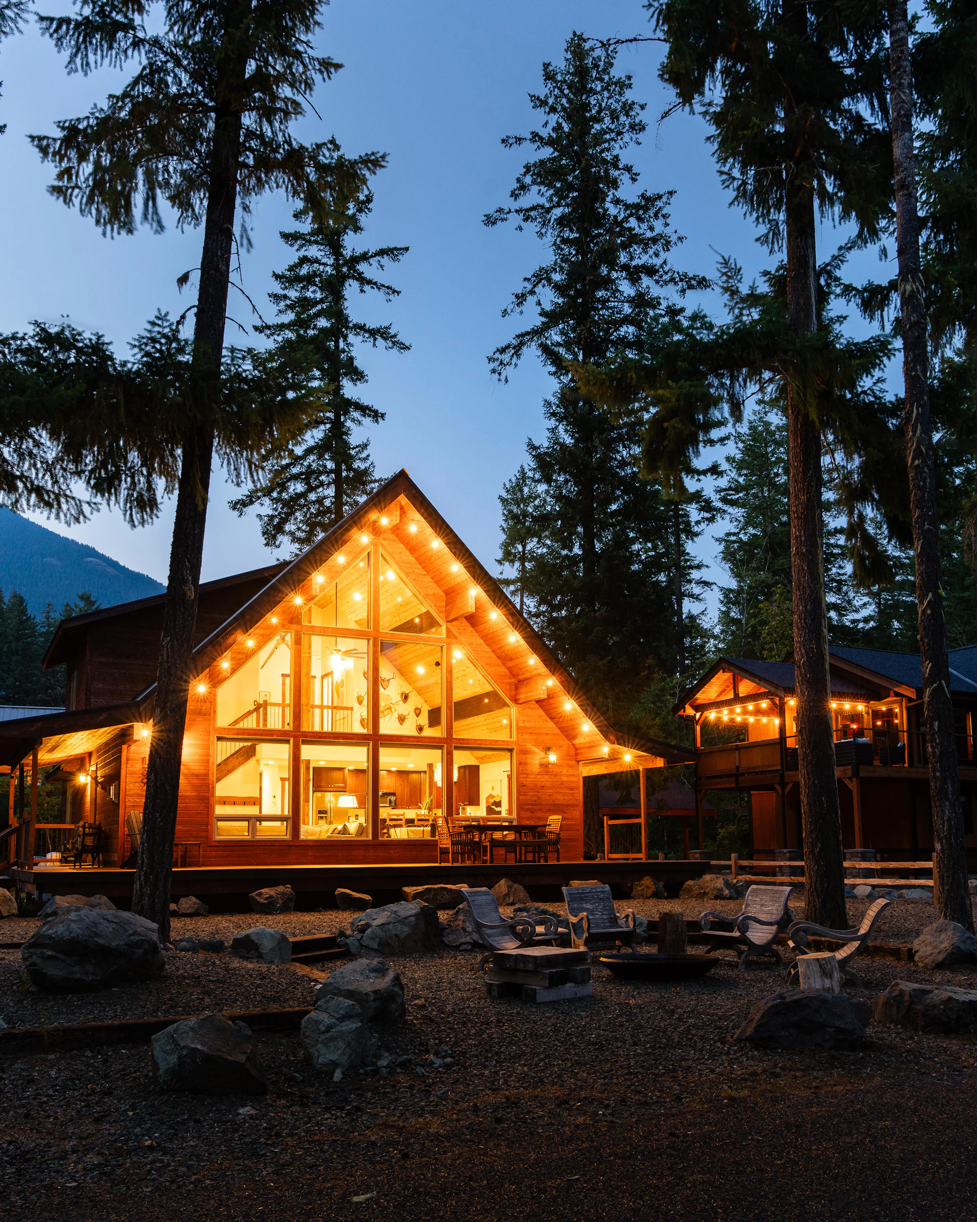 A Dreeym guest home glowing warm at dusk