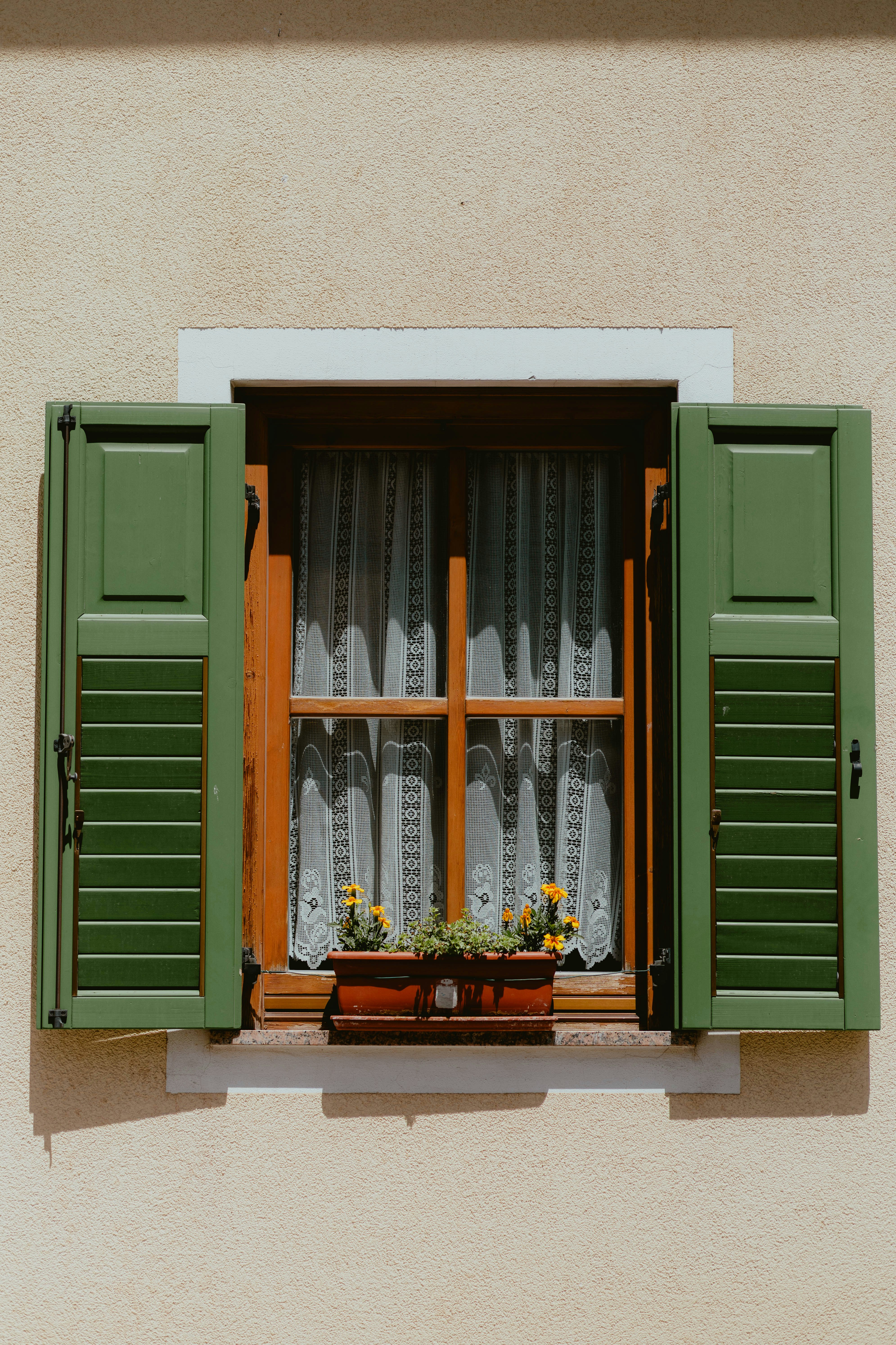 A window with open green shutters and a flower box.