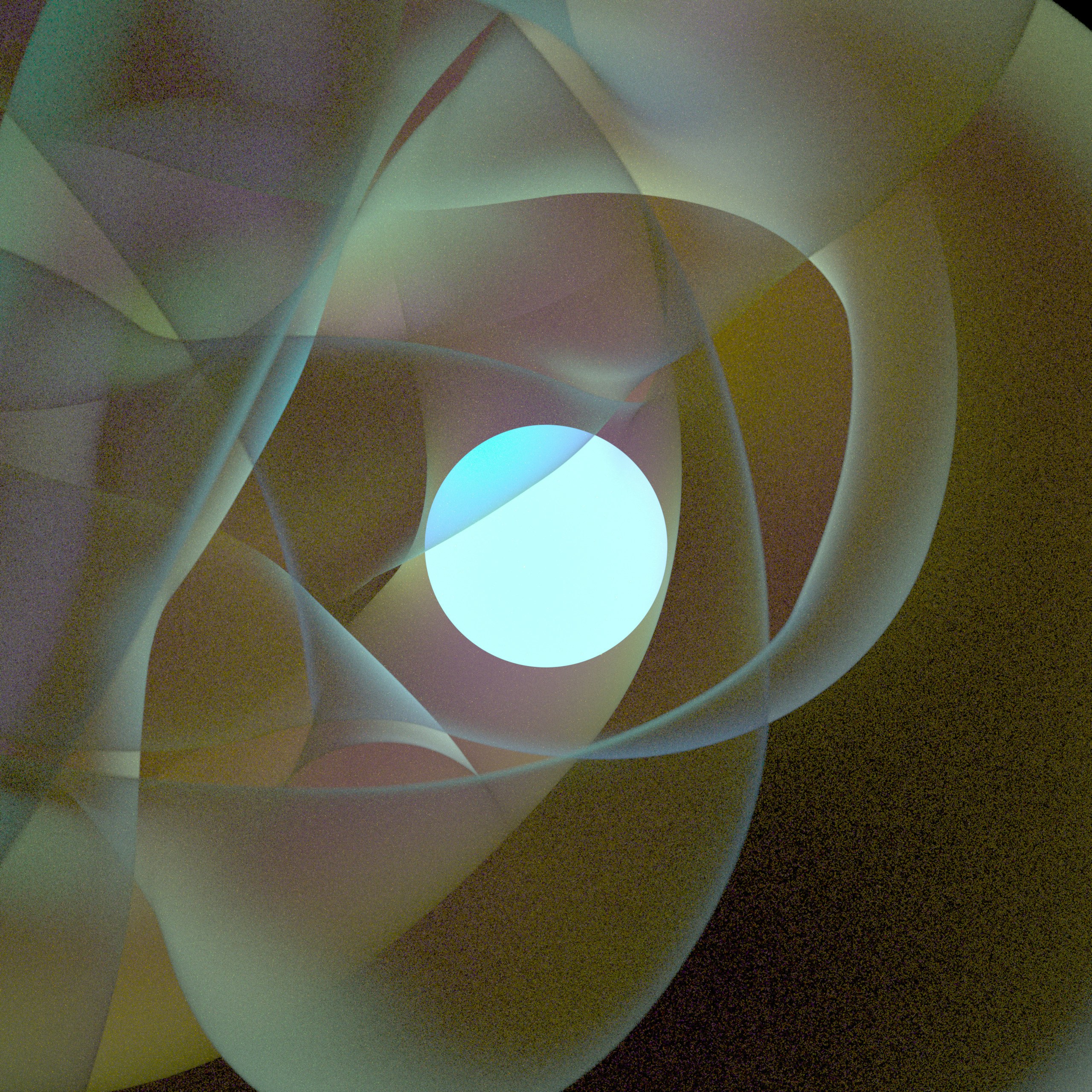 Blue sphere surrounded by swirling abstract translucent shapes