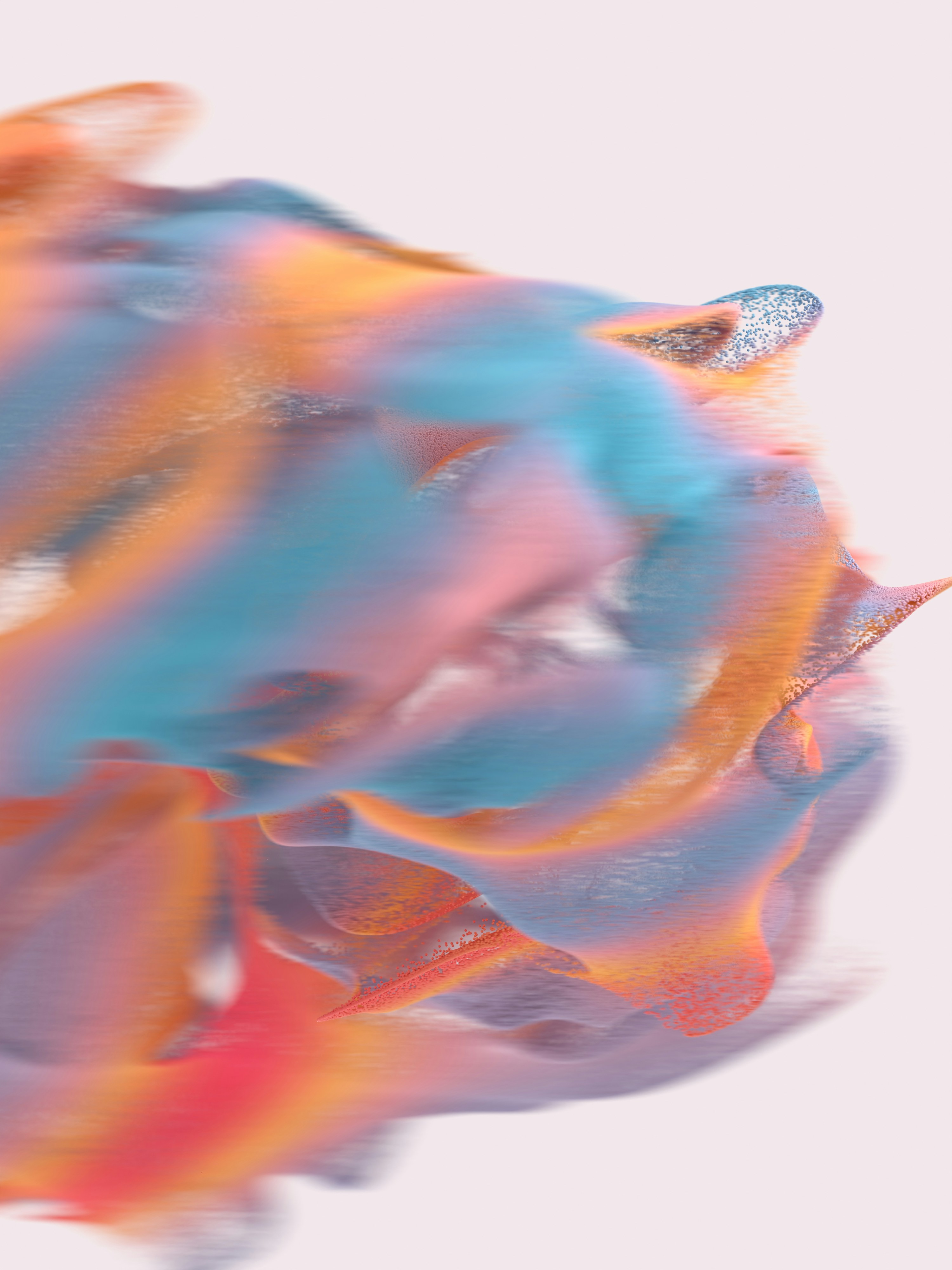 Vibrant abstract fluid shape with orange, blue, and pink.