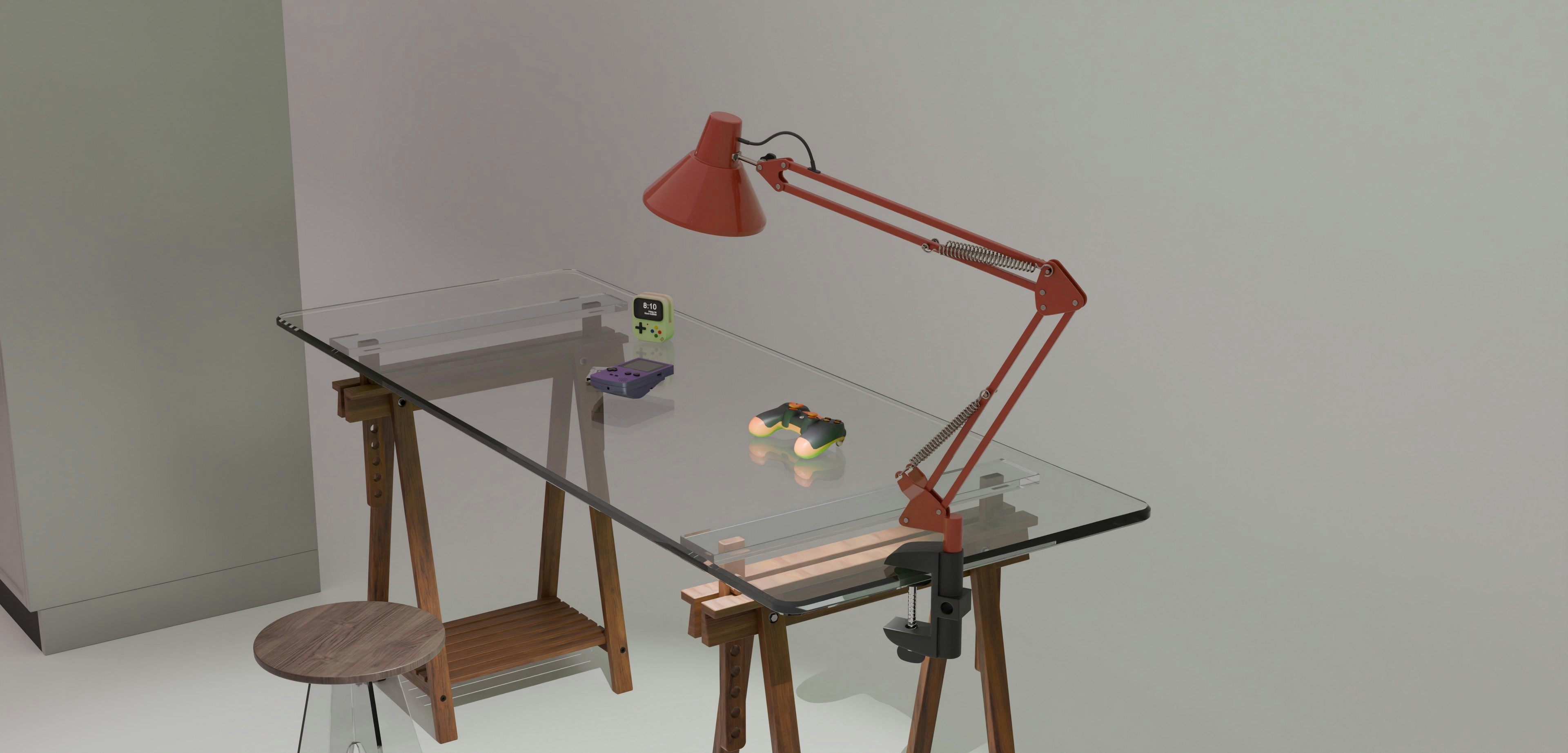 Glass-top desk with a red lamp and wooden stool.