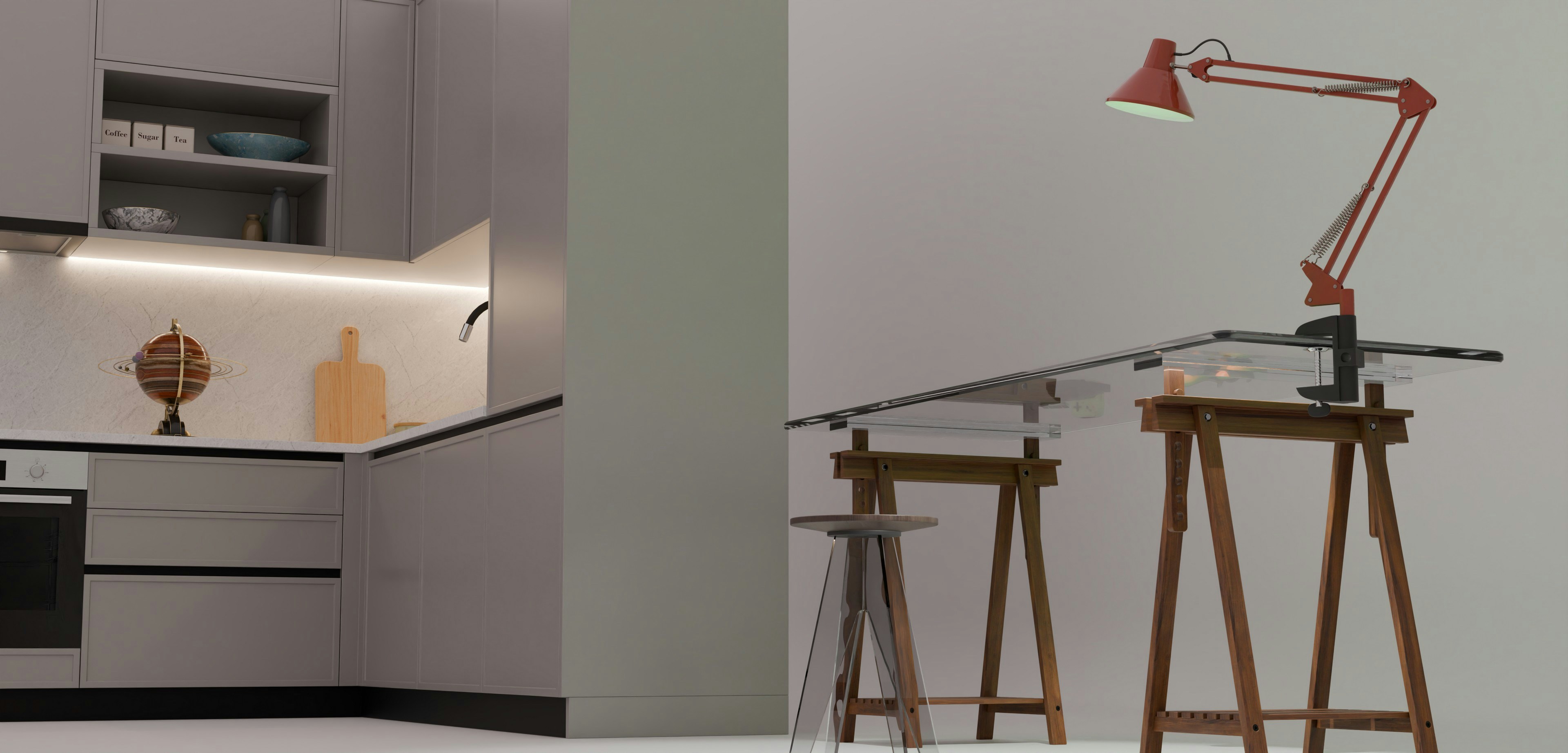 Contemporary kitchen and drafting table with red lamp.