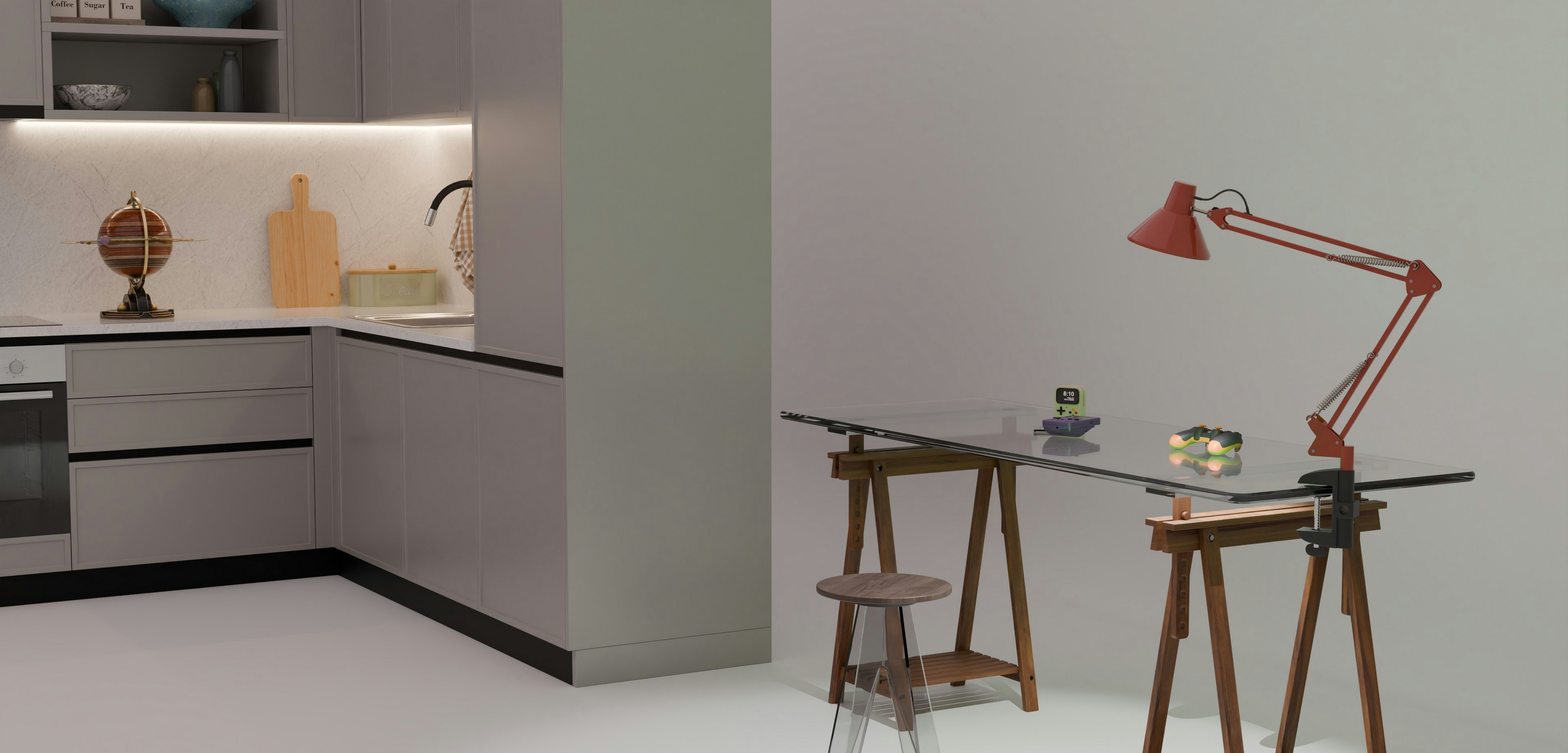 Modern kitchen and a glass table with a red lamp