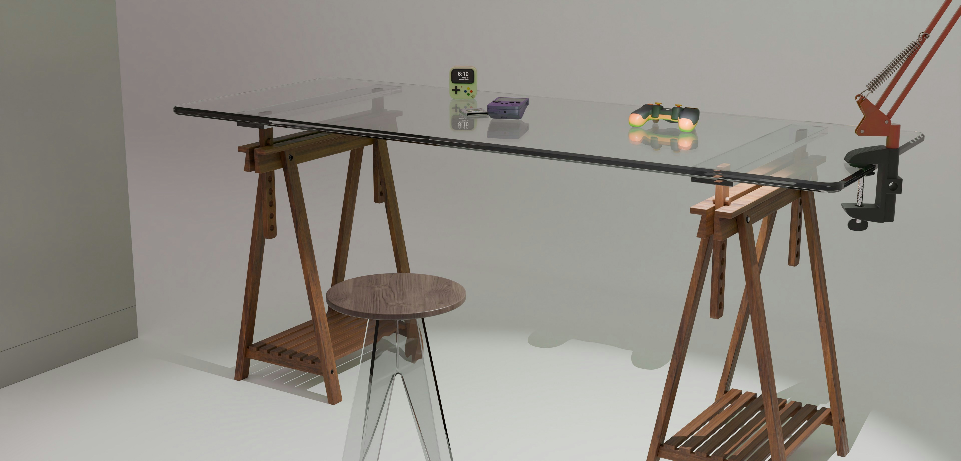 Gaming A Modern Glass Top Desk With Wooden Sawhorses And A Stool. 4K Wallpaper #2969