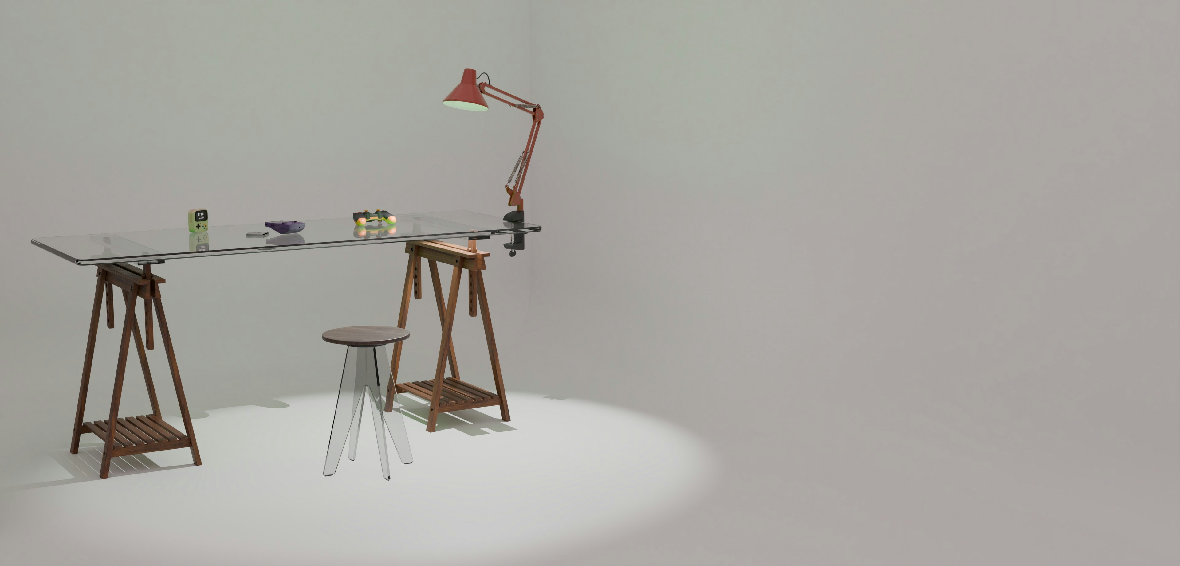 Drafting table with red lamp and stool on white background.