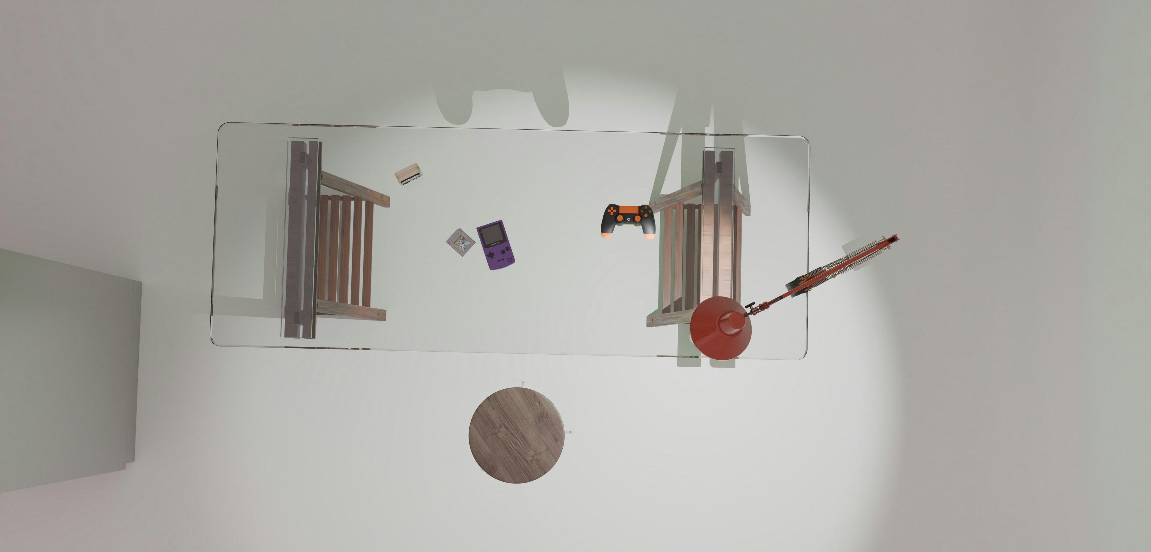 Miniature basketball court with two hoops and accessories.