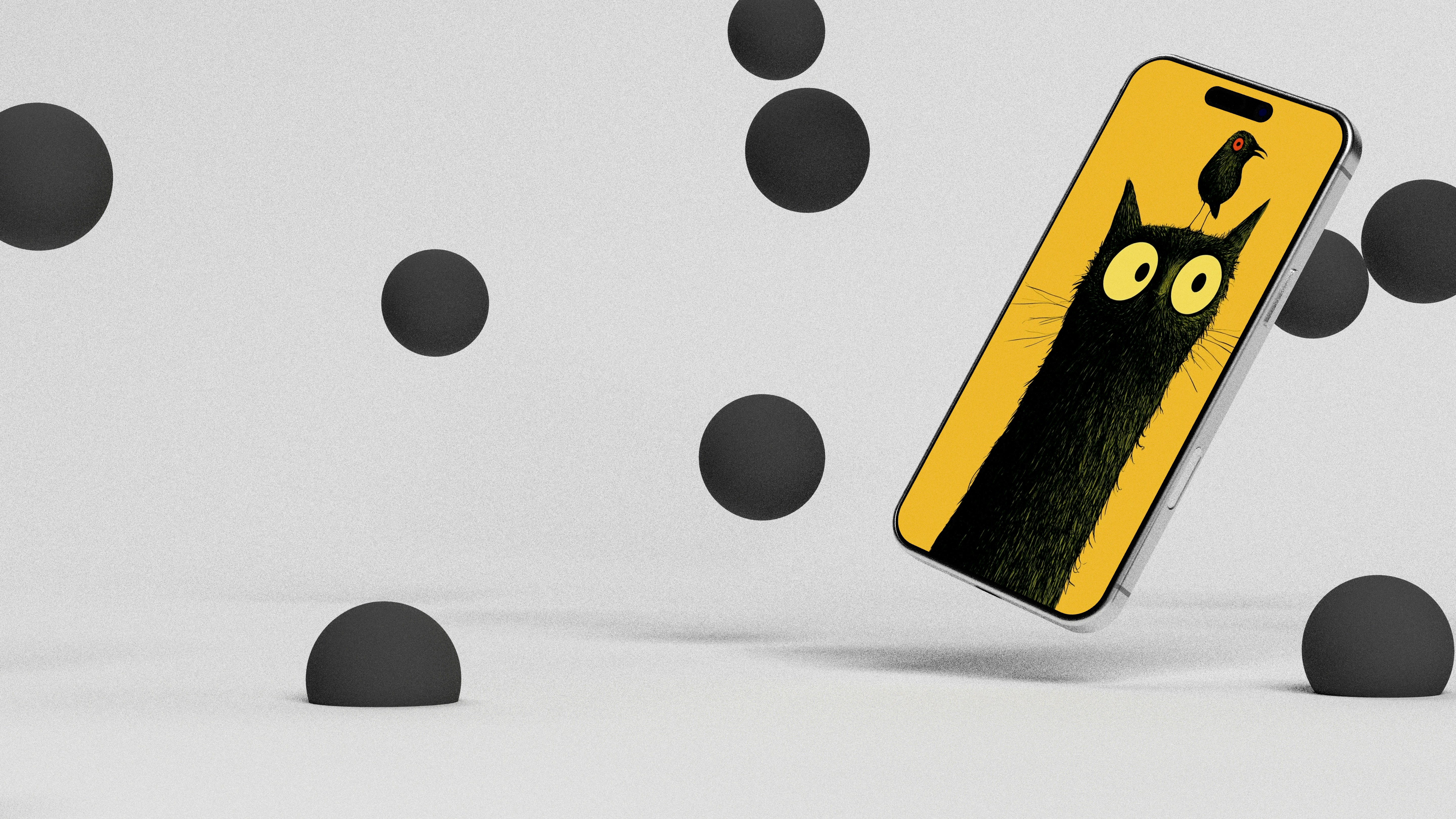 Floating smartphone with a quirky black cat case design.