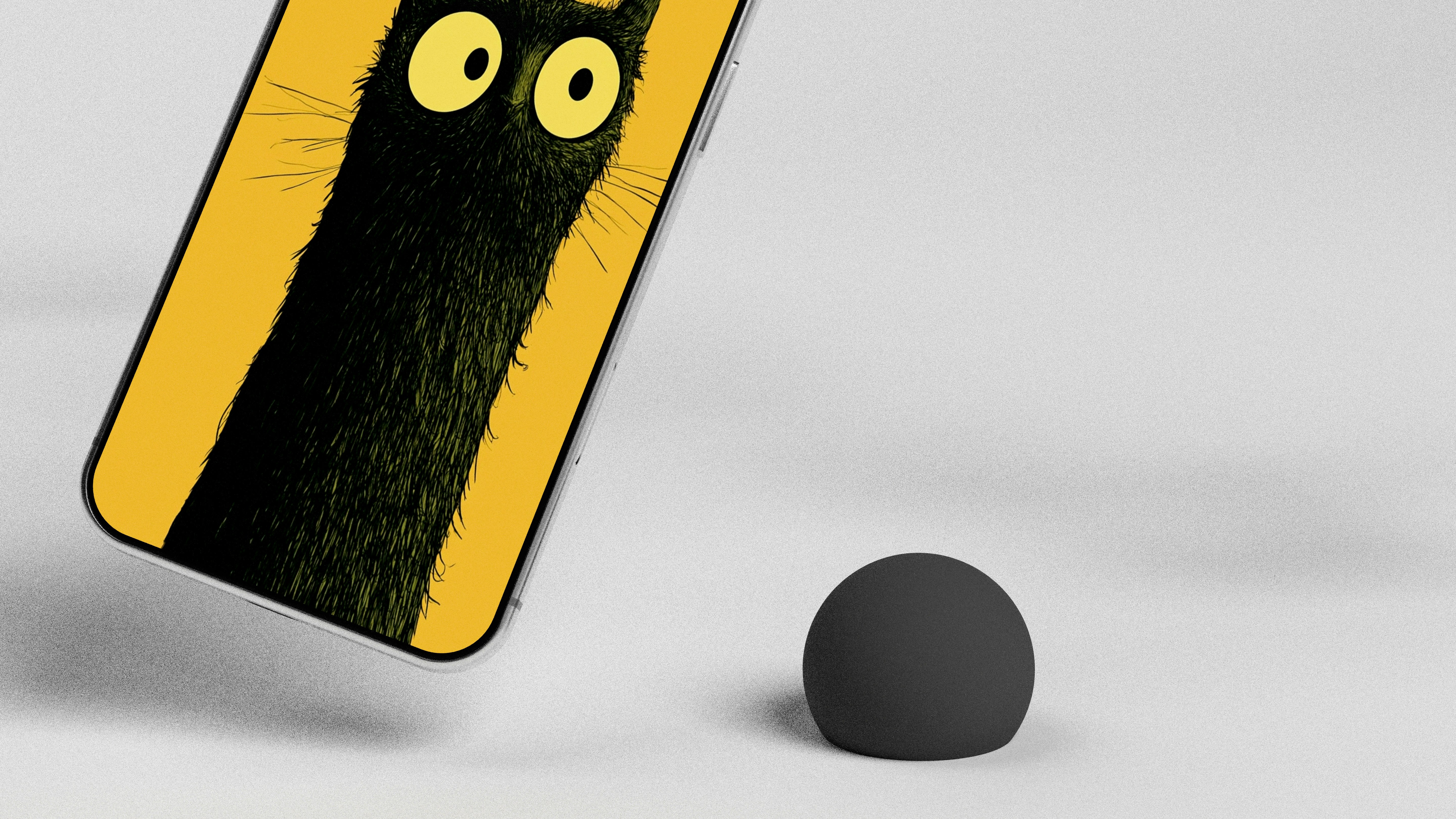 Phone with black cat case and small black sphere.