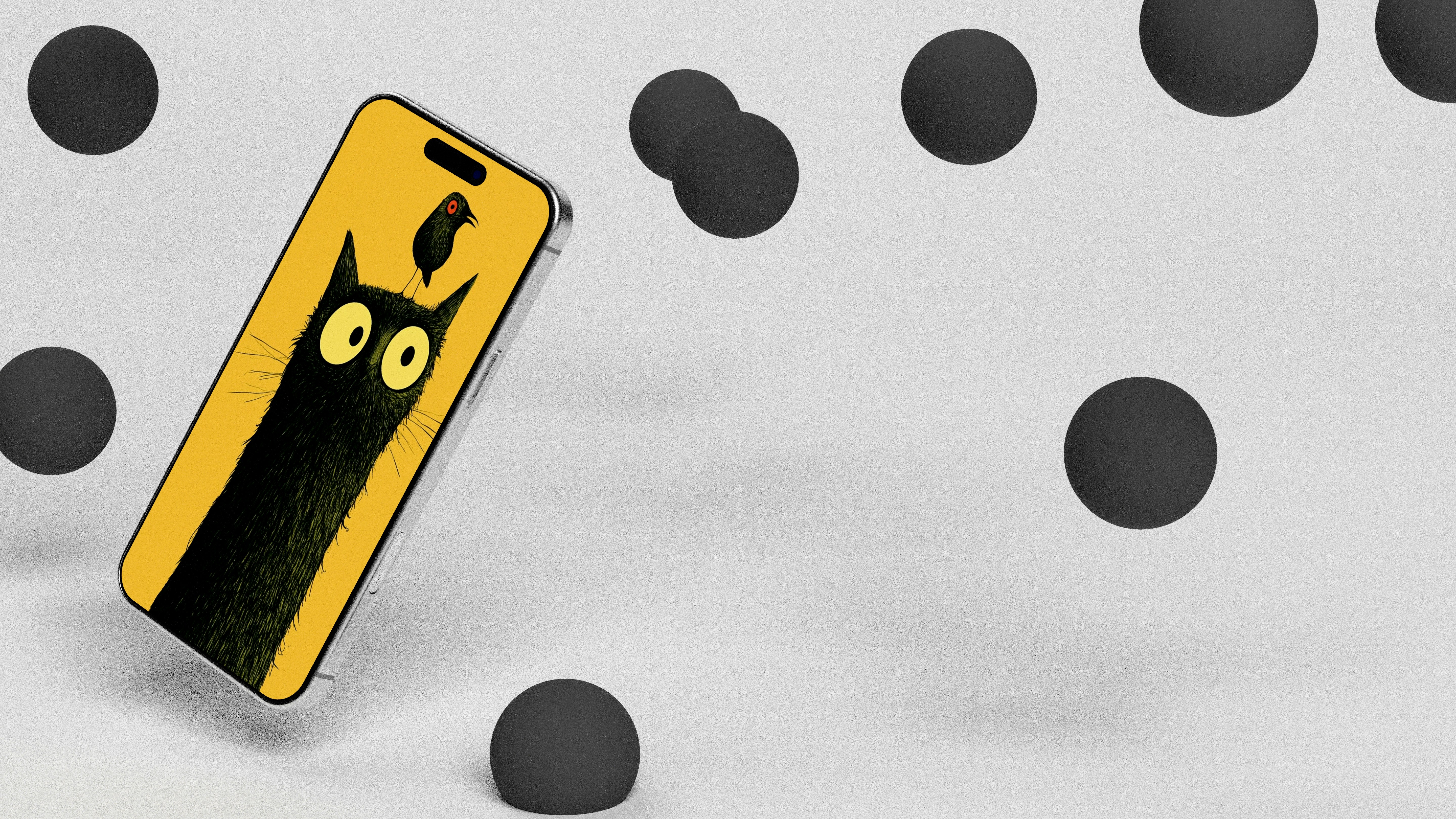 Smartphone with black cat illustration surrounded by dark spheres.