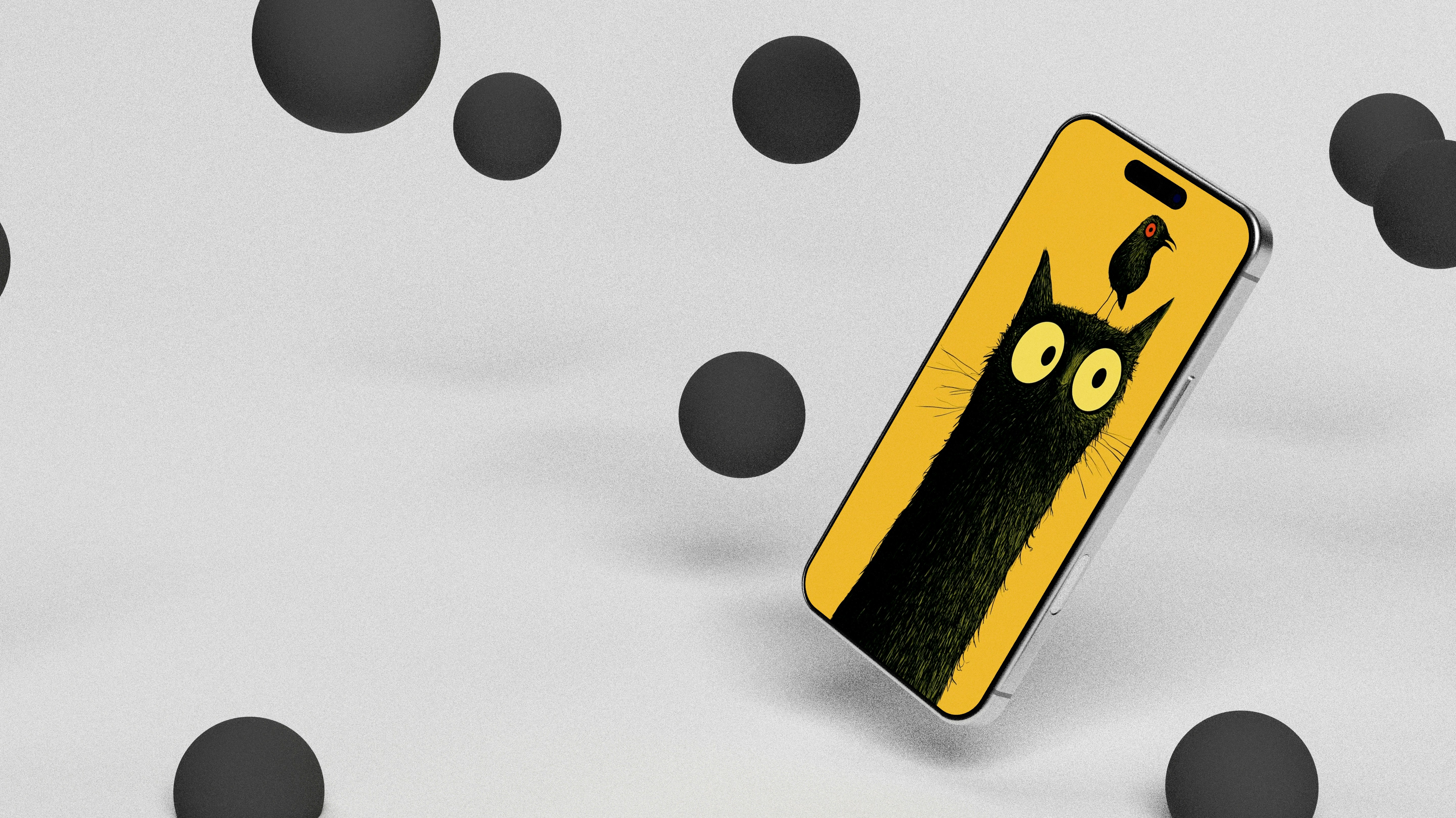 Yellow phone with black cat design and floating black spheres.