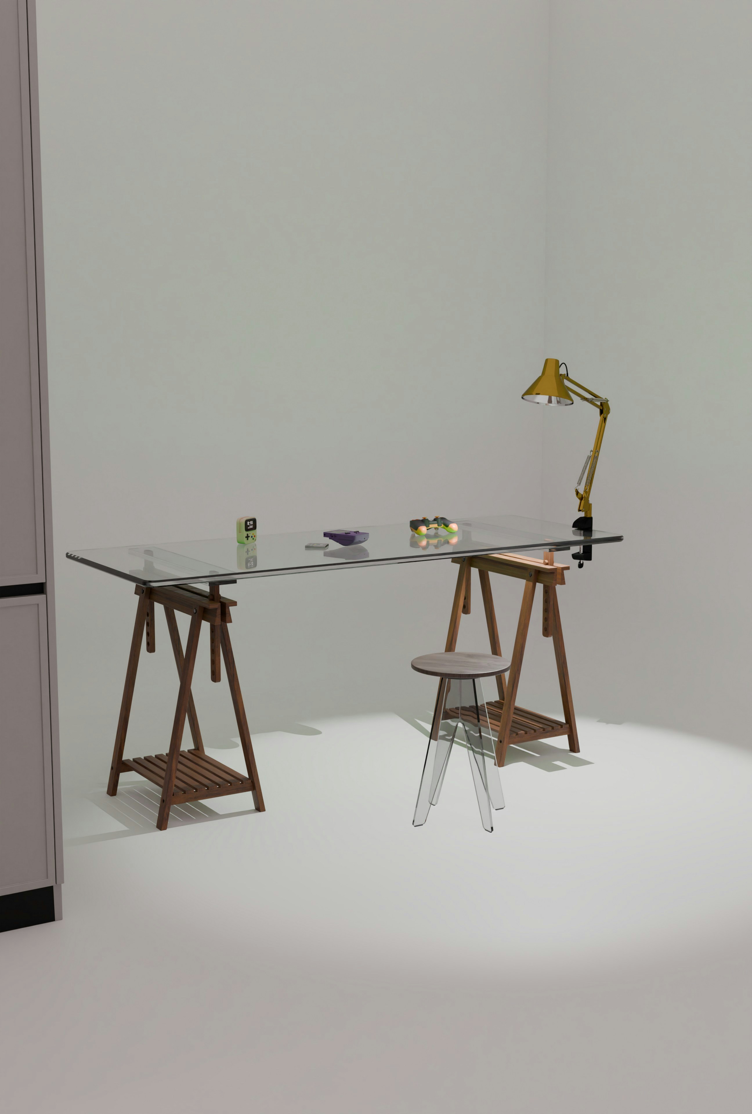 A glass desk with a yellow lamp and transparent stool.