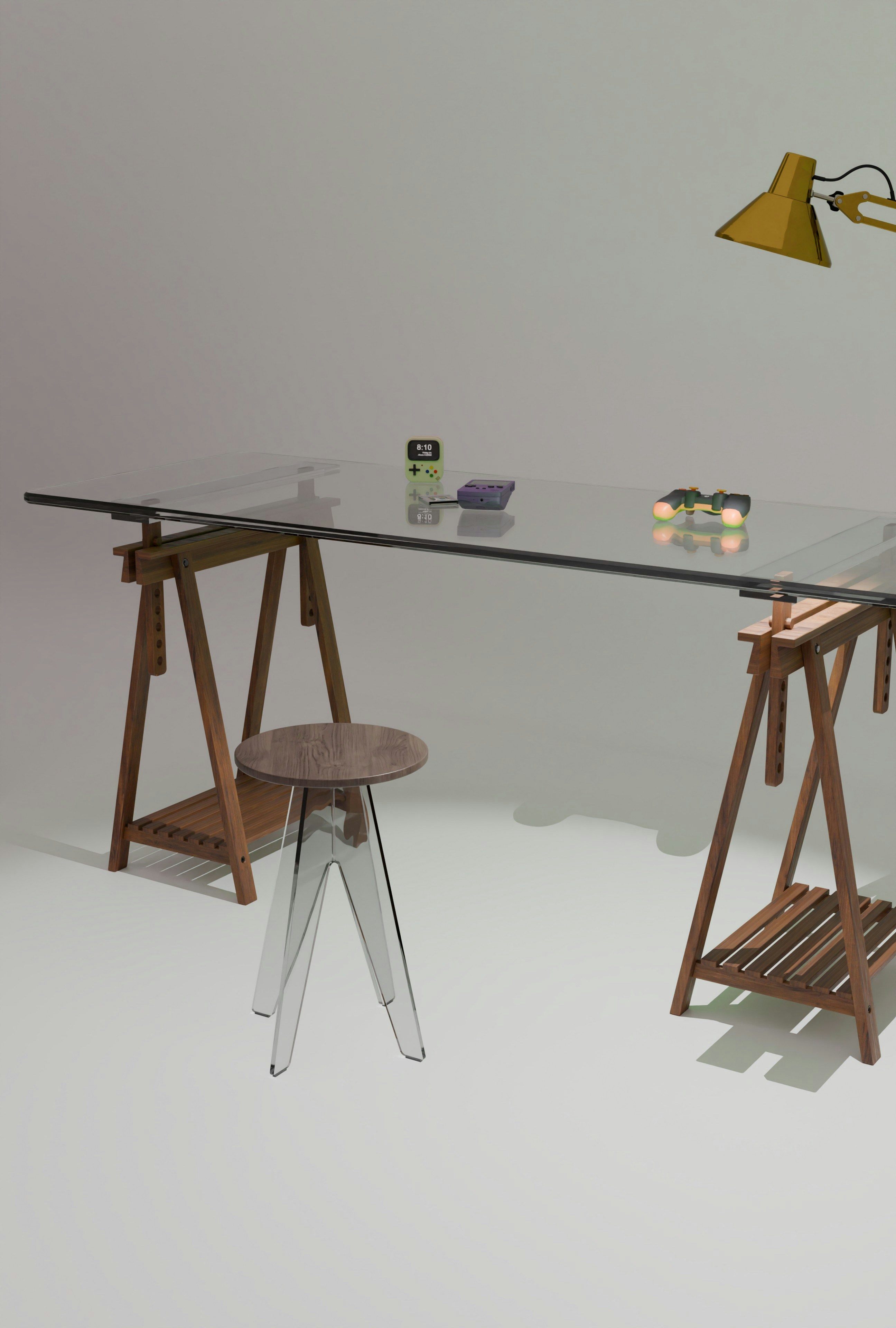 Glass desk on wooden trestles with stool and yellow lamp. photo – Free ...