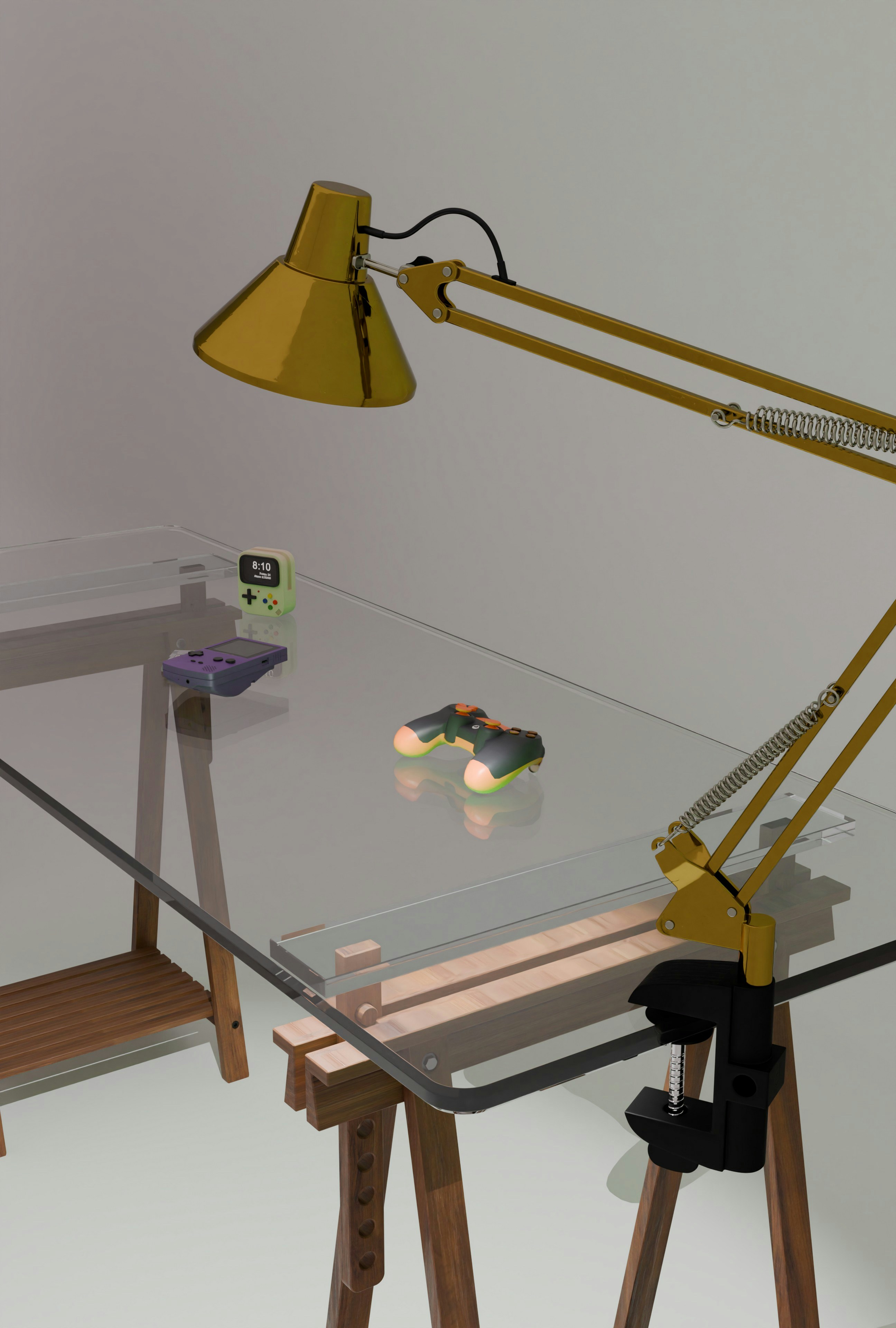Desk lamp lighting a retro game console