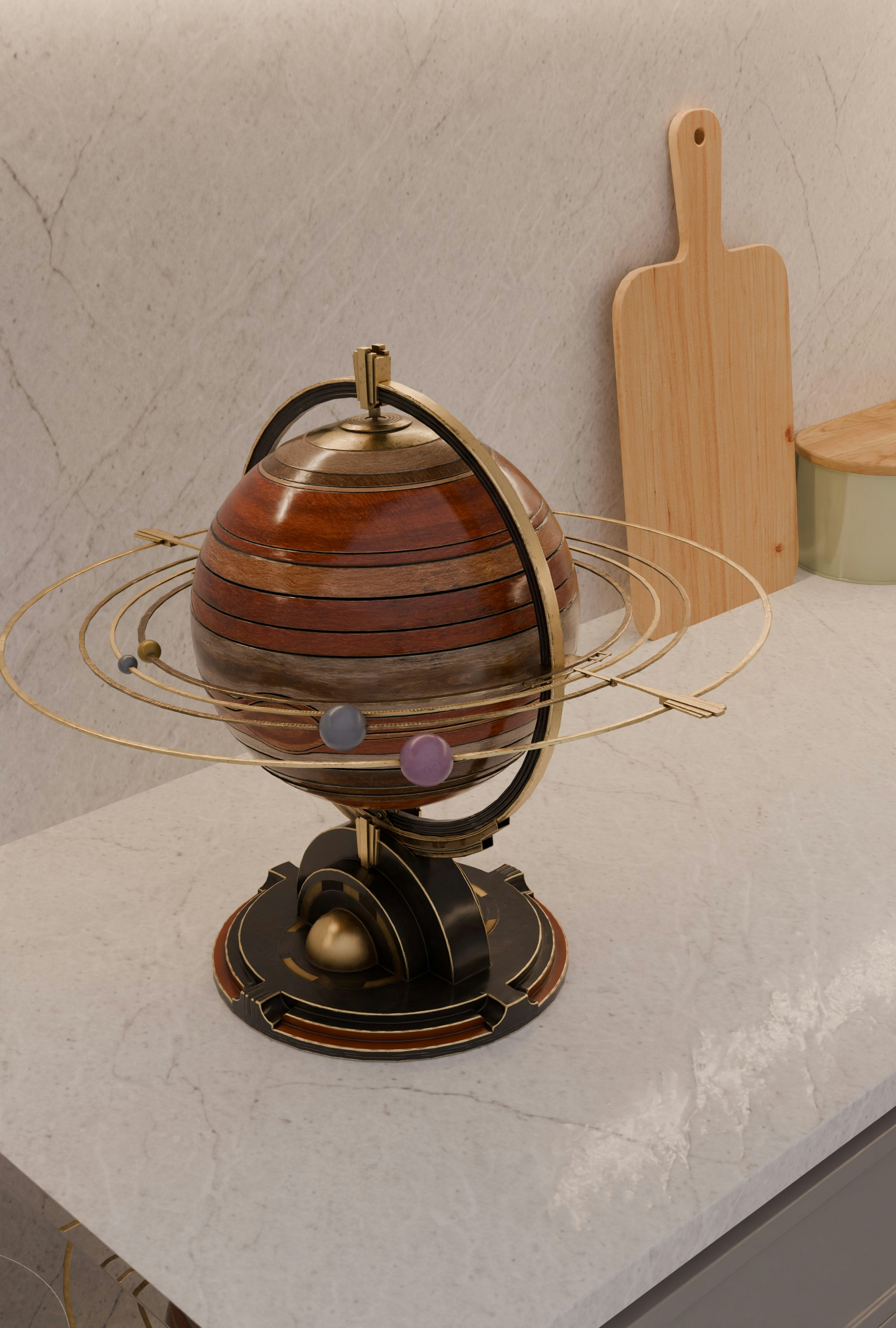 A decorative wooden globe with planetary rings on a countertop