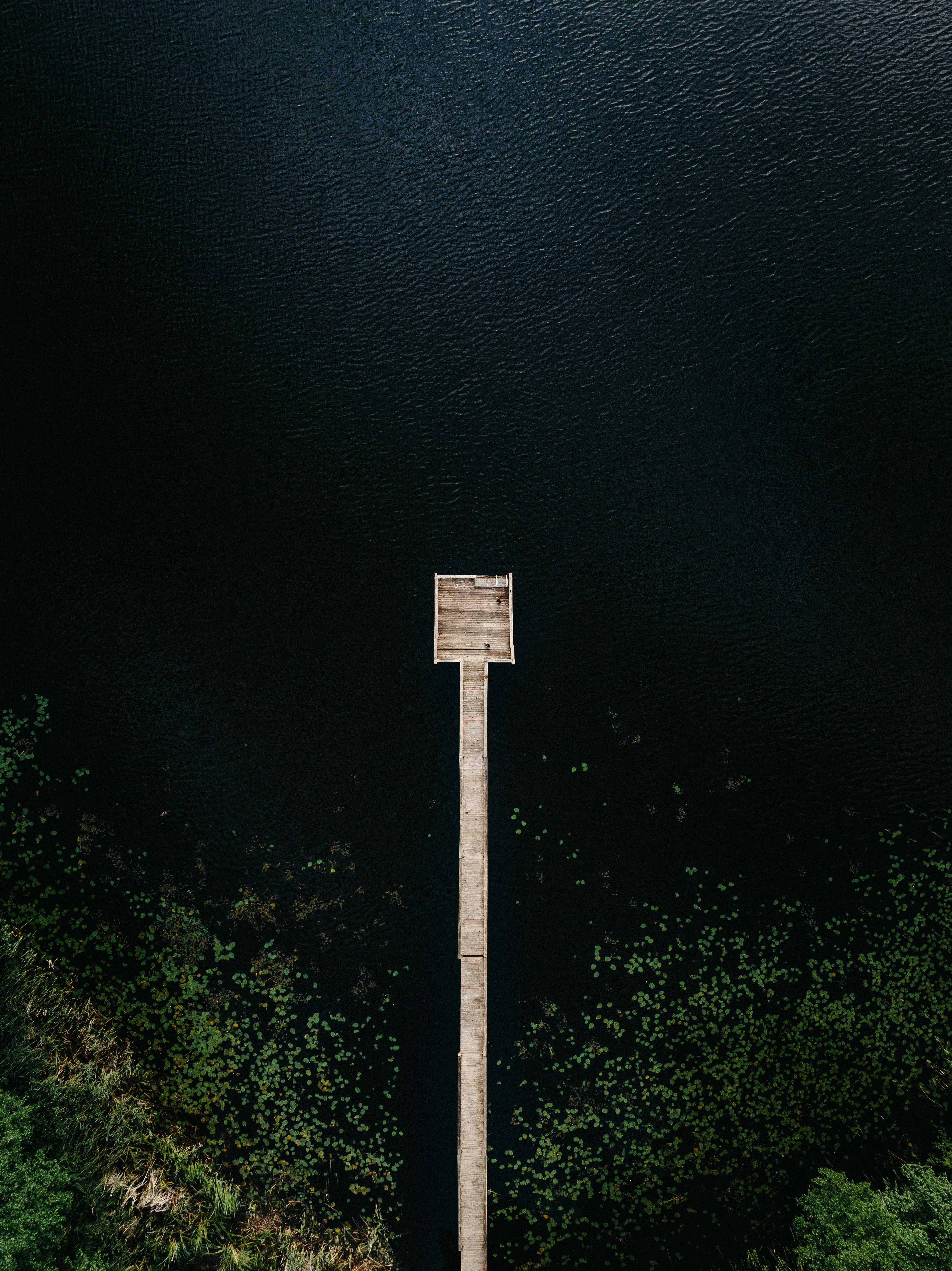 La longue jetée s’étend dans l’eau sombre d’un lac avec un feuillage vert.