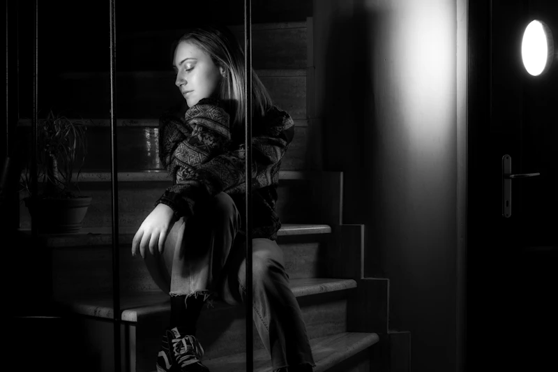 Junge Frau auf dunklen Treppen