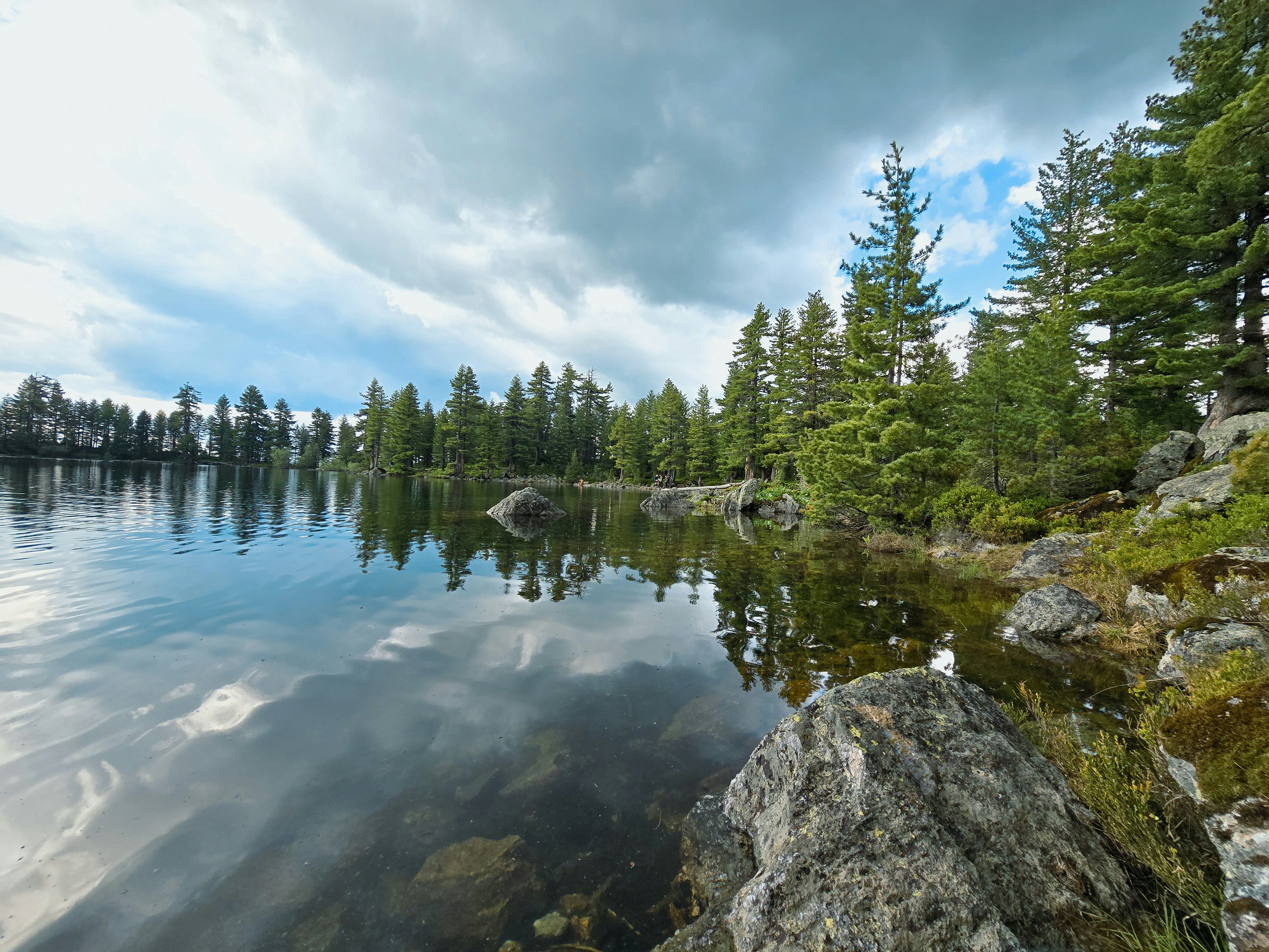Calm lake reflecting cloudy sky and pine trees.
