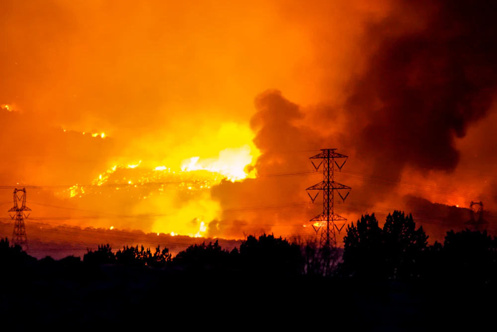 A wildfire burning along a ridge beneath a heavy smoke column