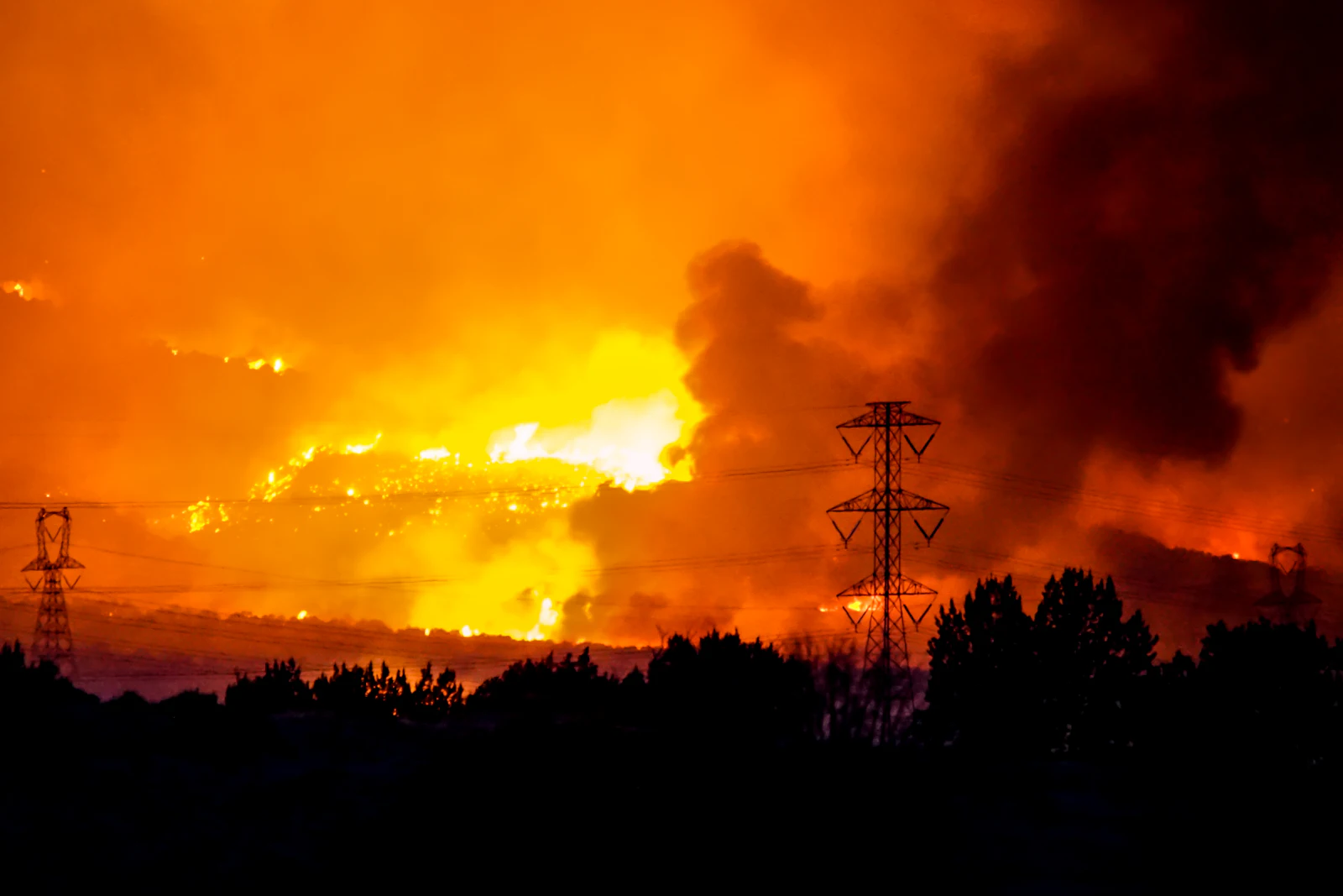 A wildfire burning near a hillside
