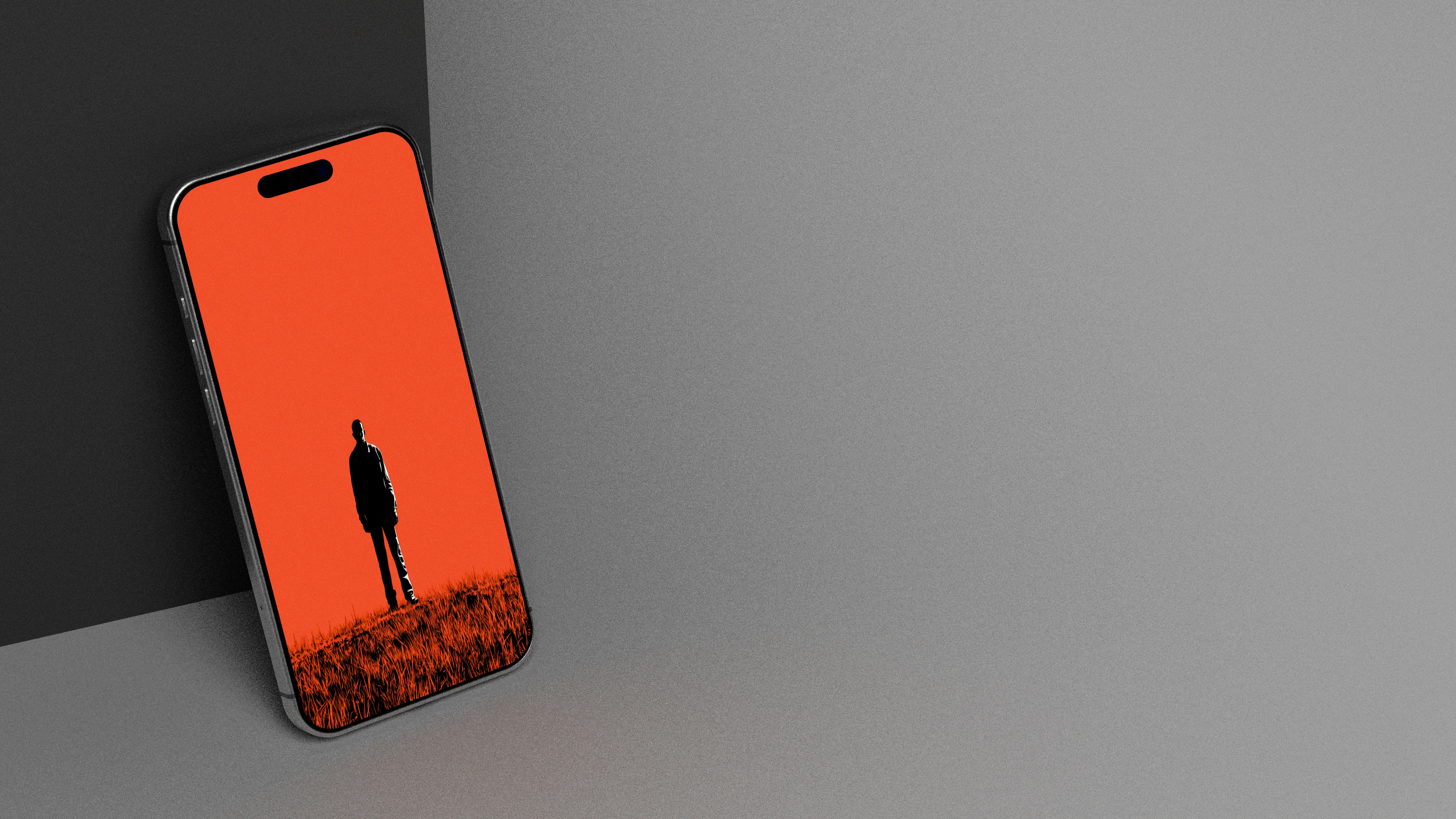 Modern smartphone with orange sunset silhouette on screen.