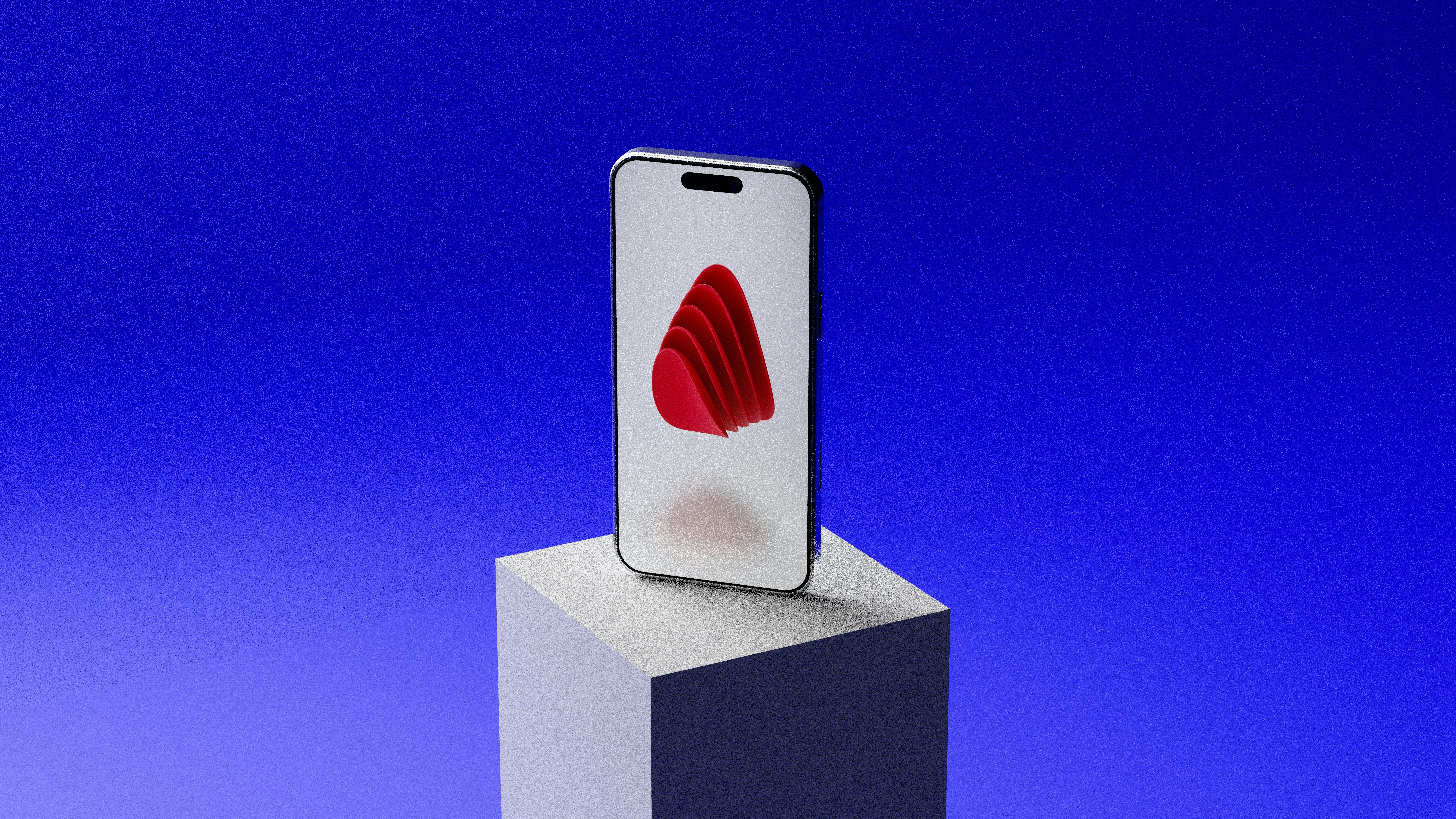 Smartphone with red abstract design on white cube, blue background.