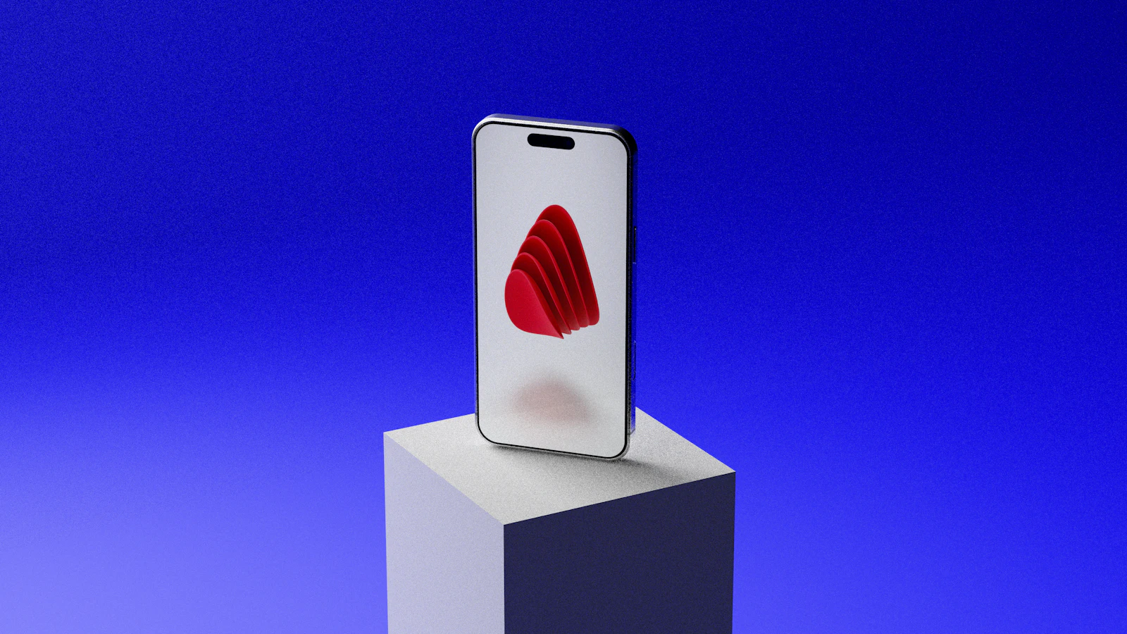 A phone showing a red sculptural mark on a white plinth against deep blue