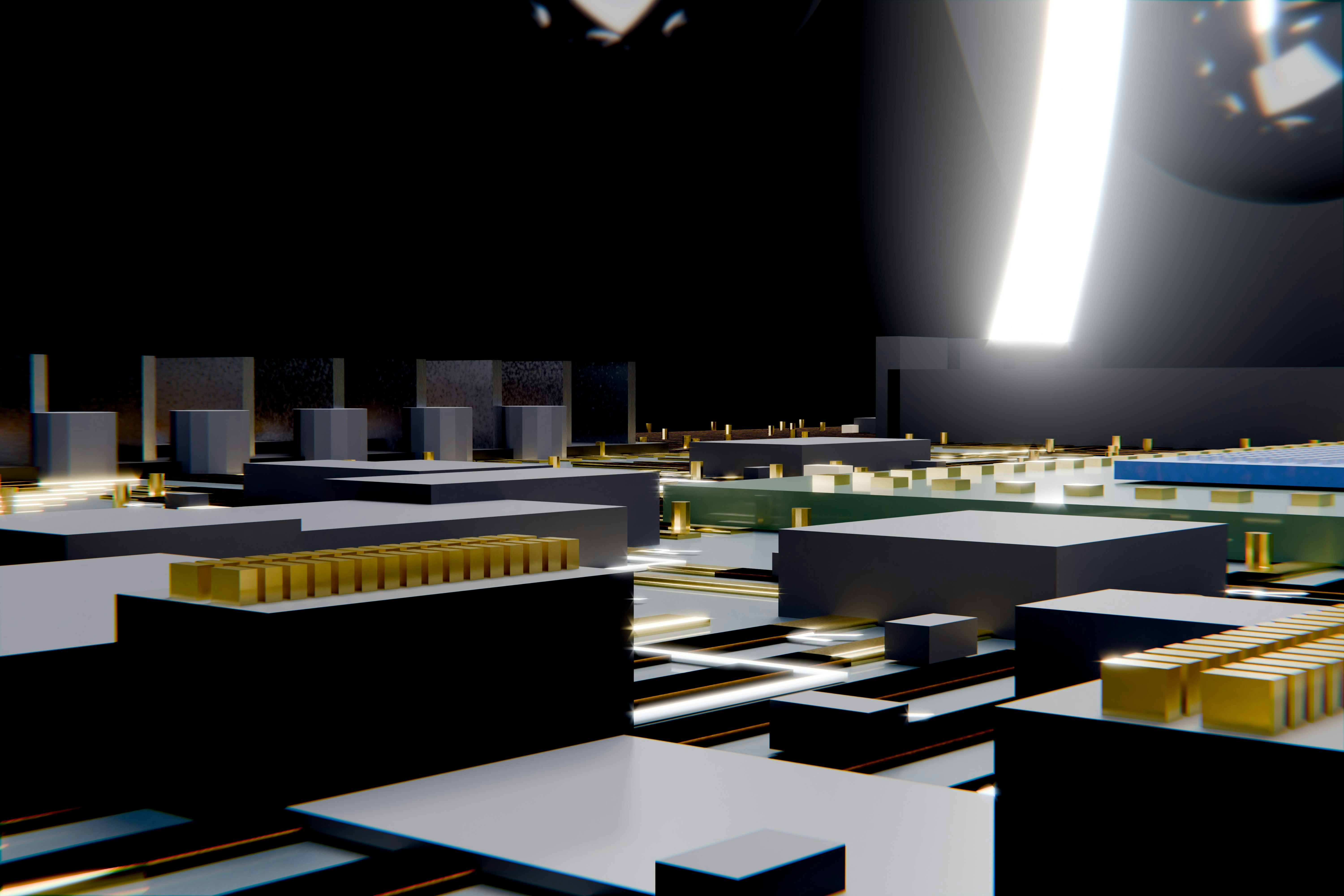 Dark abstract scene with glowing light and rectangular components