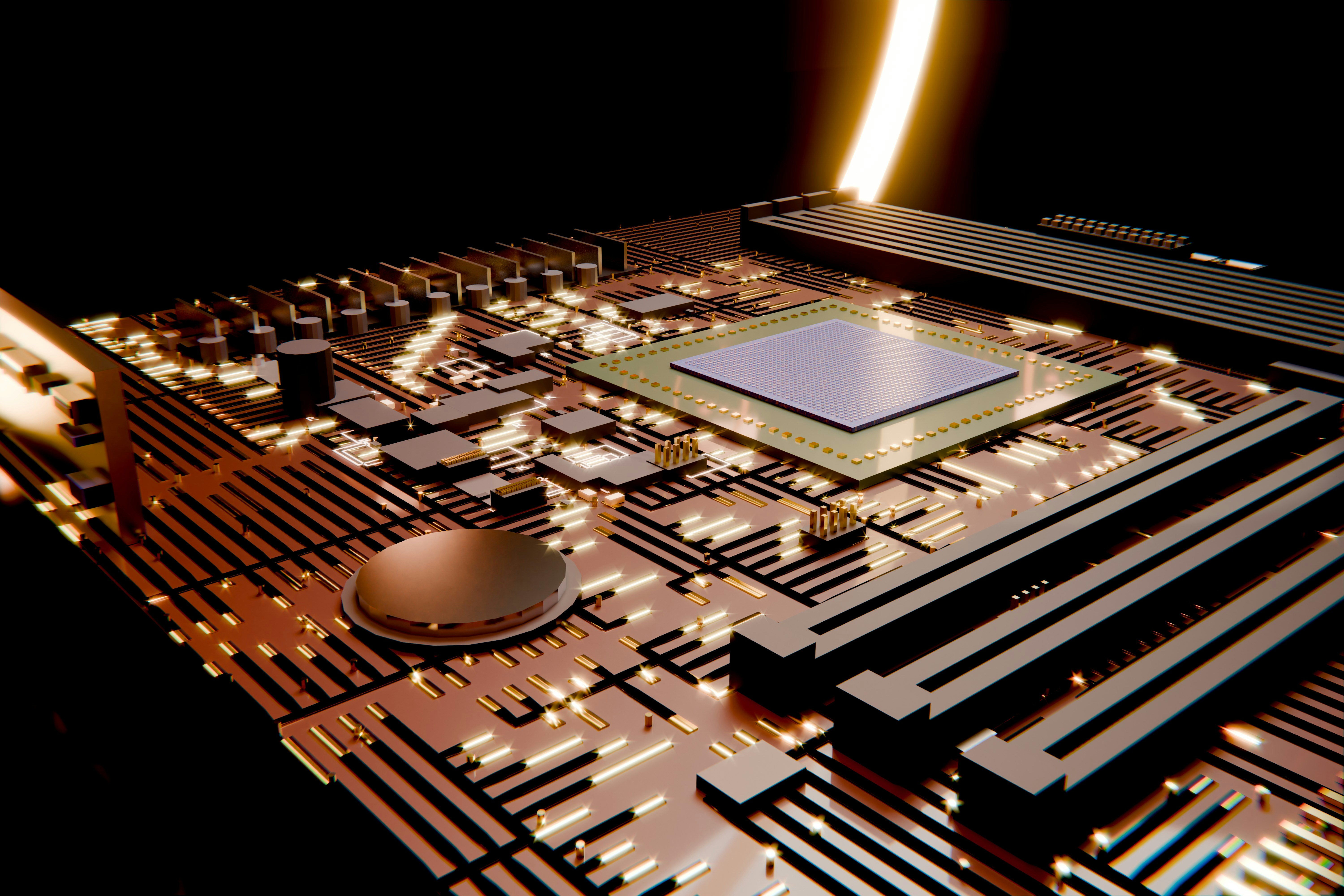 Electronic circuit board with a central processor and golden light.