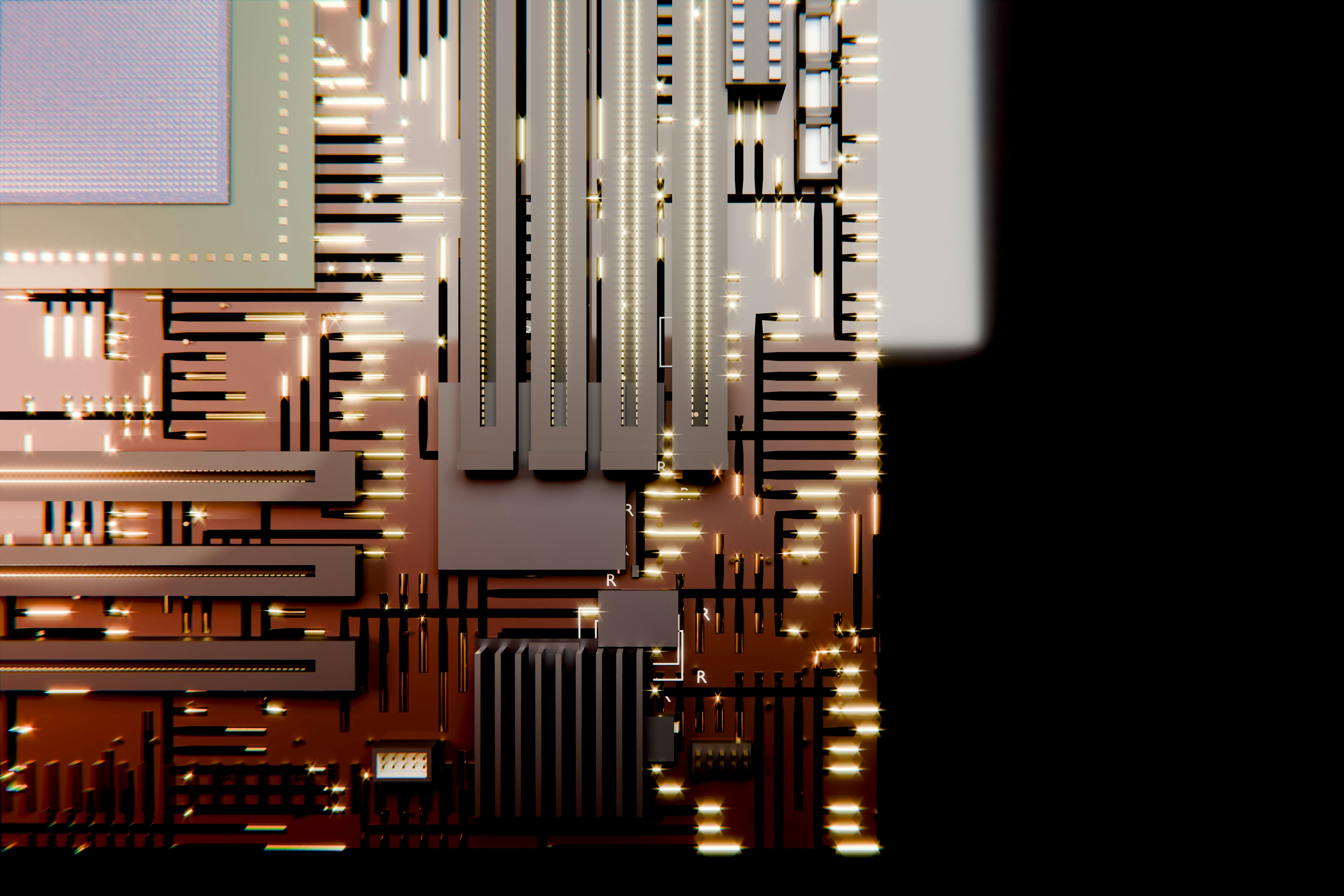 A glowing circuit board with intricate electronic components.