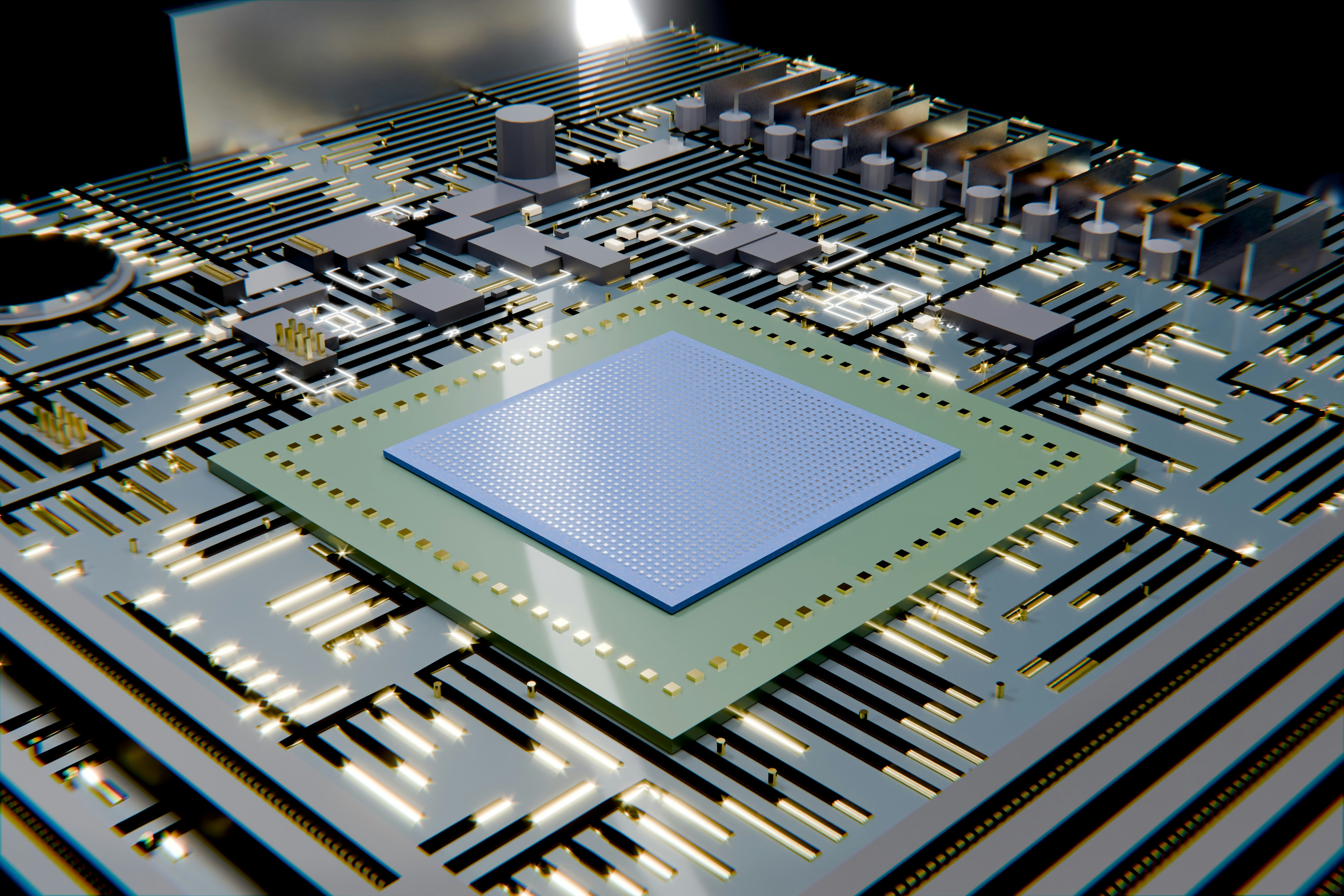 semiconductor chip close up - A microchip with pins on a metallic circuit board.
